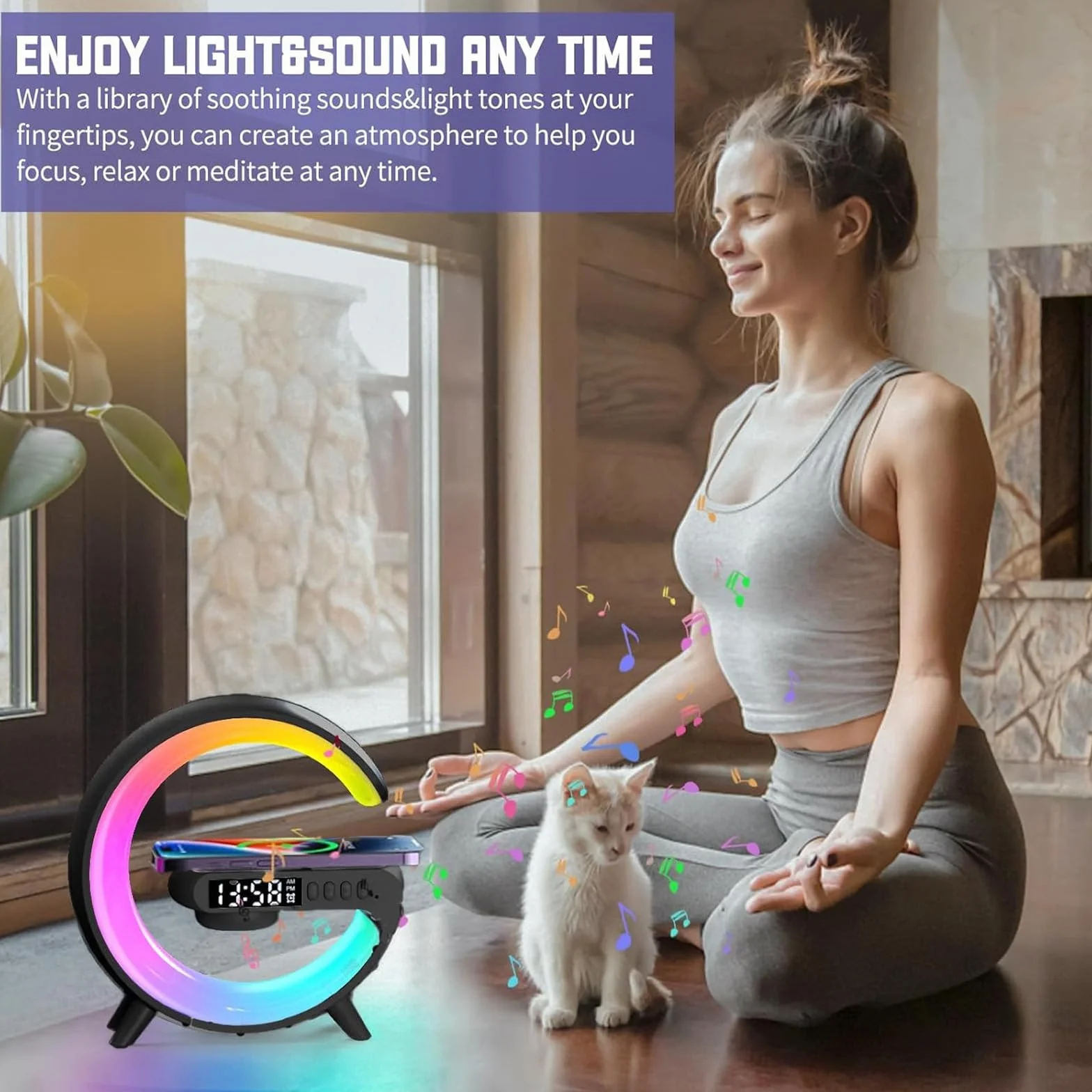 Lampe de Table Intelligente avec Charge Sans Fil et Haut-Parleur Bluetooth, Réveil Simulateur d'Aube Noir