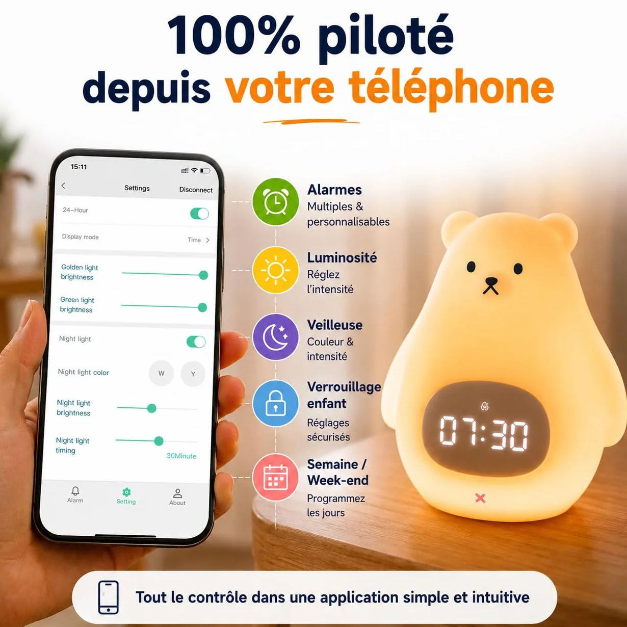 Réveil Enfant Jour/Nuit avec Veilleuse LED Contrôle Appli iOS Android Rechargeable