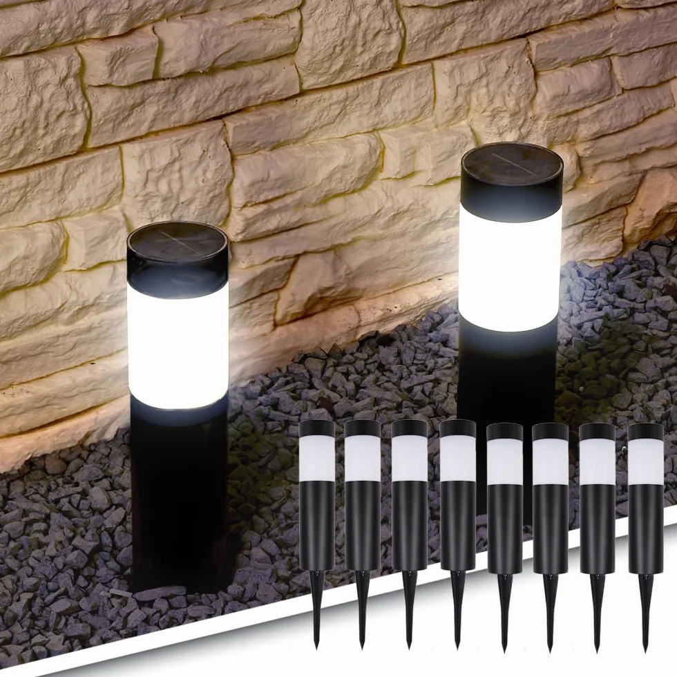 RexTech Lot de 8 lampes solaires de jardin LED avec piquet de terre, plastique noir, lumière blanche chaude