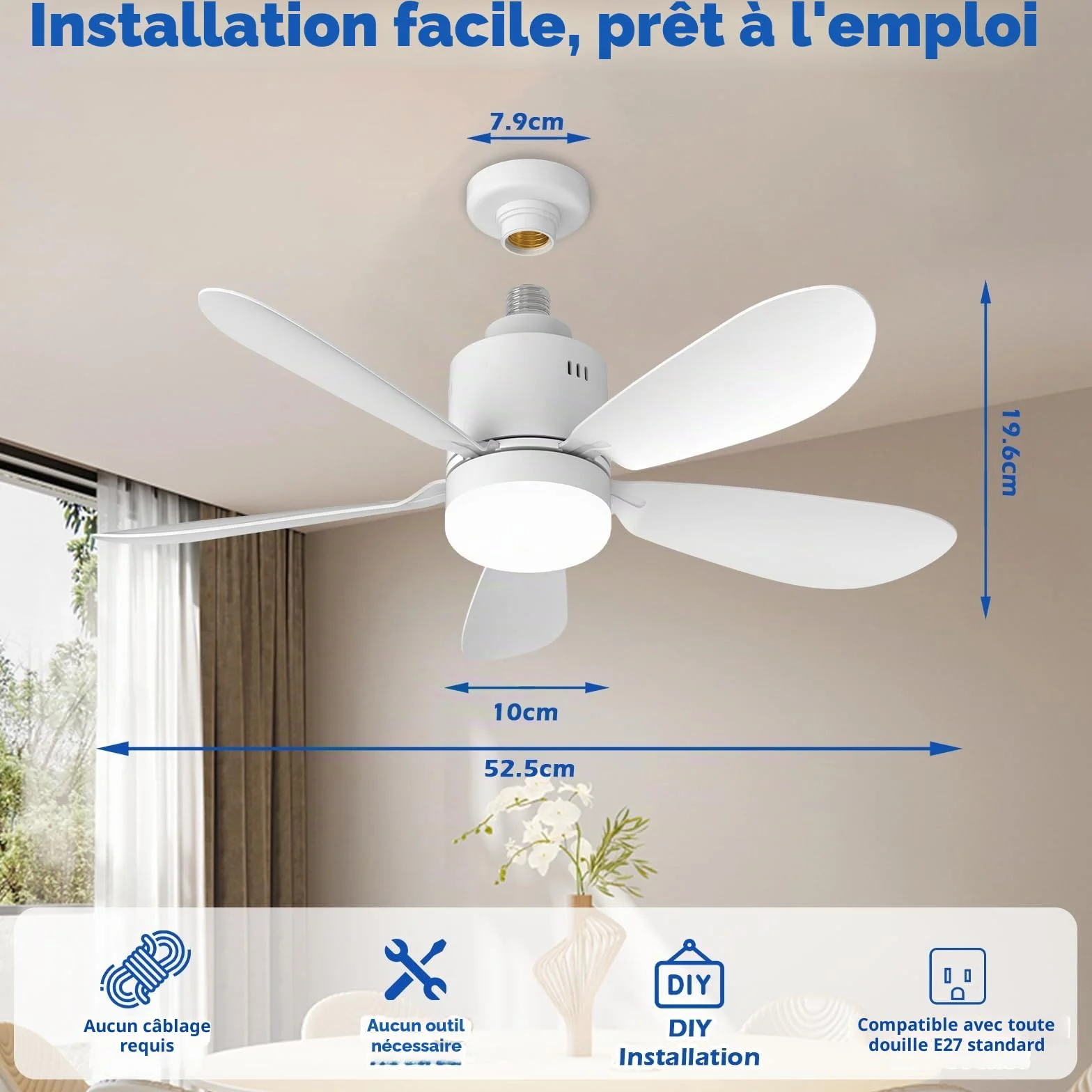 Ventilateur de Plafond LED 53 cm avec Télécommande, 24 W, 4 Vitesses, E27