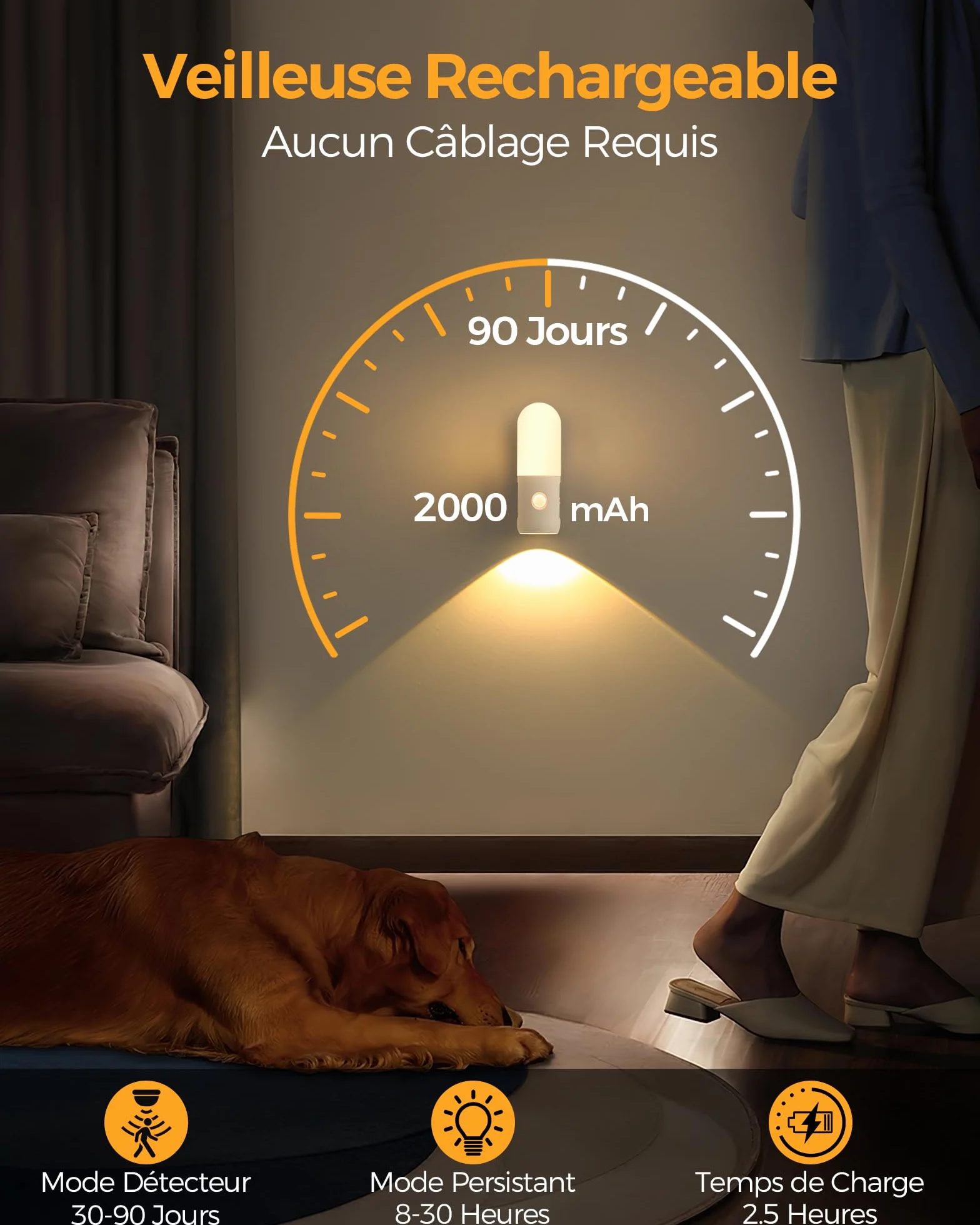 Veilleuse Rechargeable 2000mAh Lampe LED Détecteur de Mouvement Intérieur 3000K 4000K 6000K Graduable 2 Pack