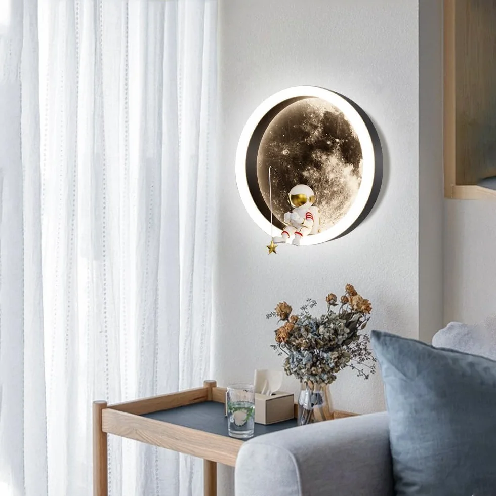 Applique Murale LED Enfants Lune Astronaute Décoration Chambre 3000K 12W Ronde Noir