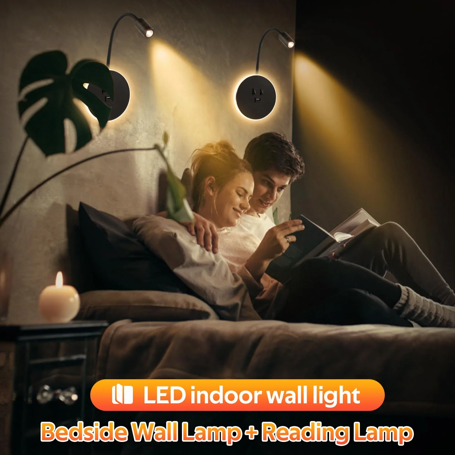 Applique Murale Interieur LED, Liseuse de Chevet avec Interrupteur, Port USB, Rotation 360°, 3000K Lampe de Lecture pour Chambre, Salon