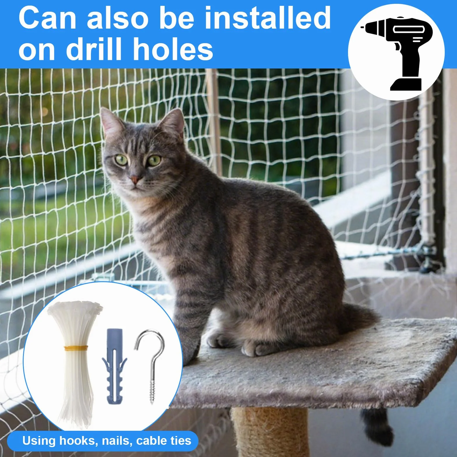 Filet de Protection Chat Transparent 4x3m Anti-Oiseaux 2,5cm Balcon sans Perçage avec Corde Fixe (Blanc)