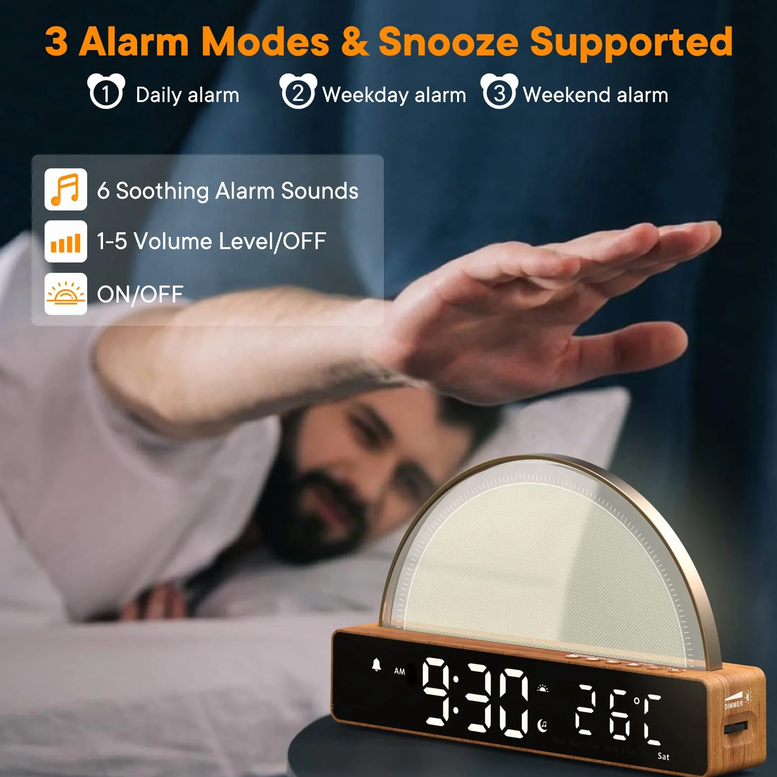 Réveil Lumineux Simulation Lever du Soleil Snooze 6 Sonneries 10 Sons Sommeil Minuterie Affichage Température 7 Couleurs Changeantes