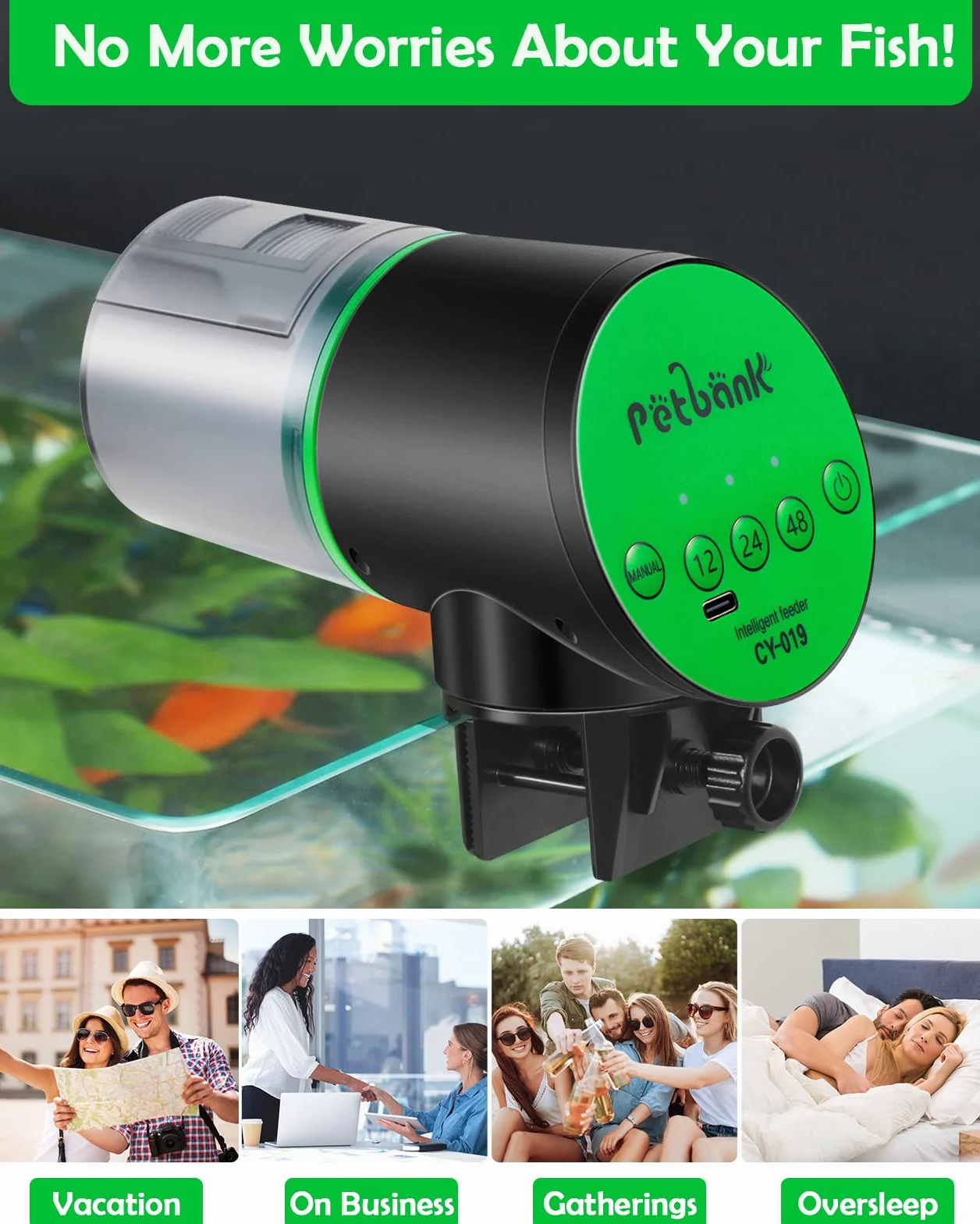 Aquarium Distributeur Automatique Poisson Nourrisseur Rechargeable Minuterie USB 200ml Vert