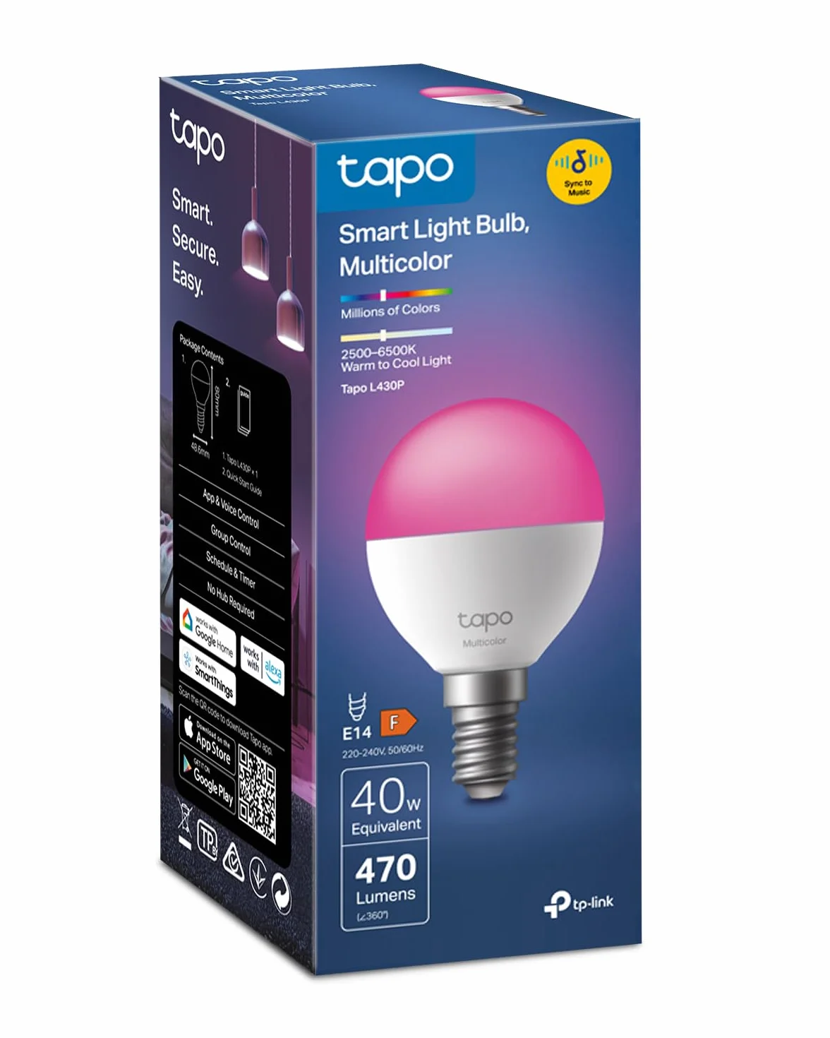 Tapo Ampoule Connectée WiFi LED E14 Multicolore 2500K-6500K Dimmable 4,3W 470Lm Compatible Alexa Google Home L430P
