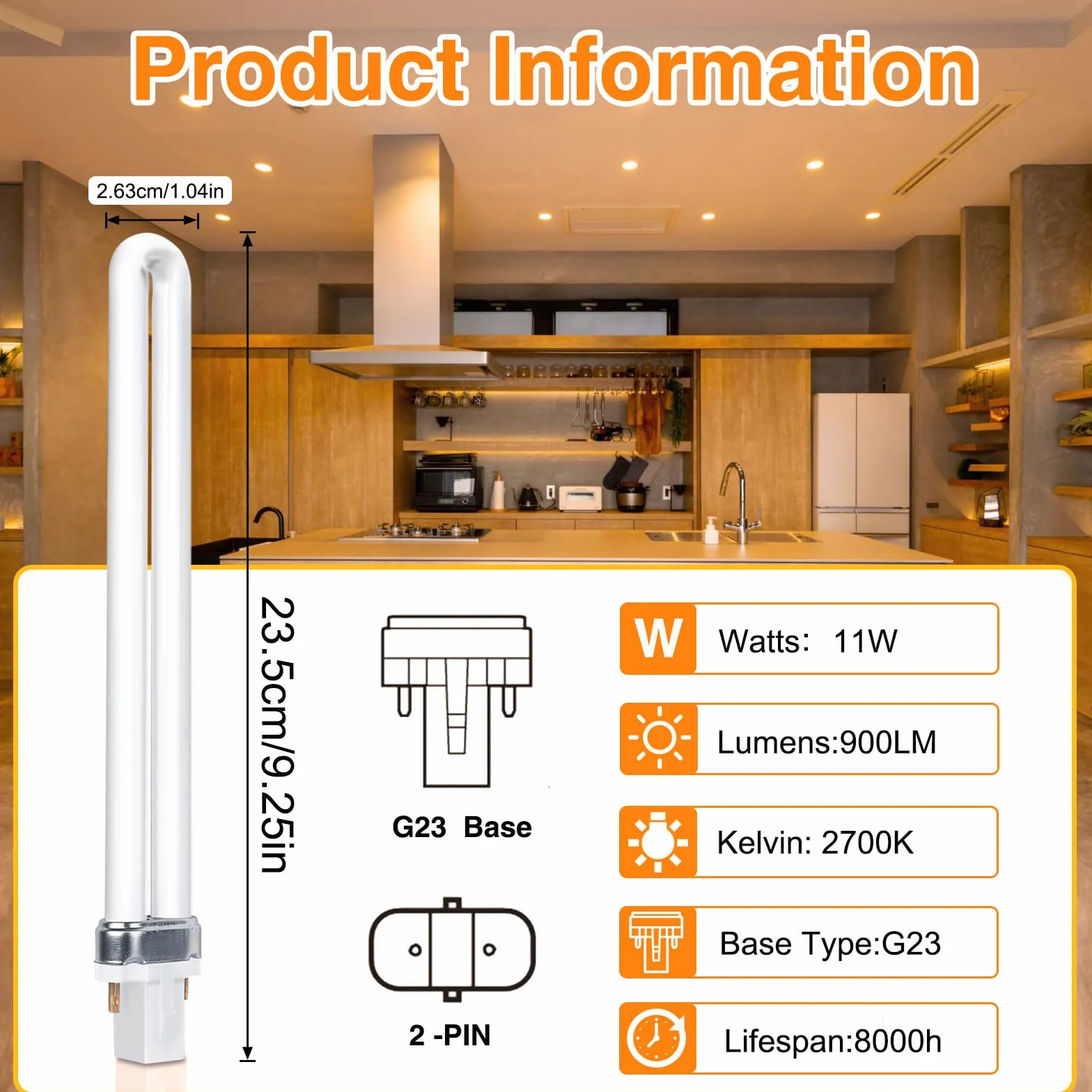 Lampe Fluorescente Compacte 11W G23 Blanc Chaud 2700K 23,5 cm 900LM Tube Rotatif Forme U CFL