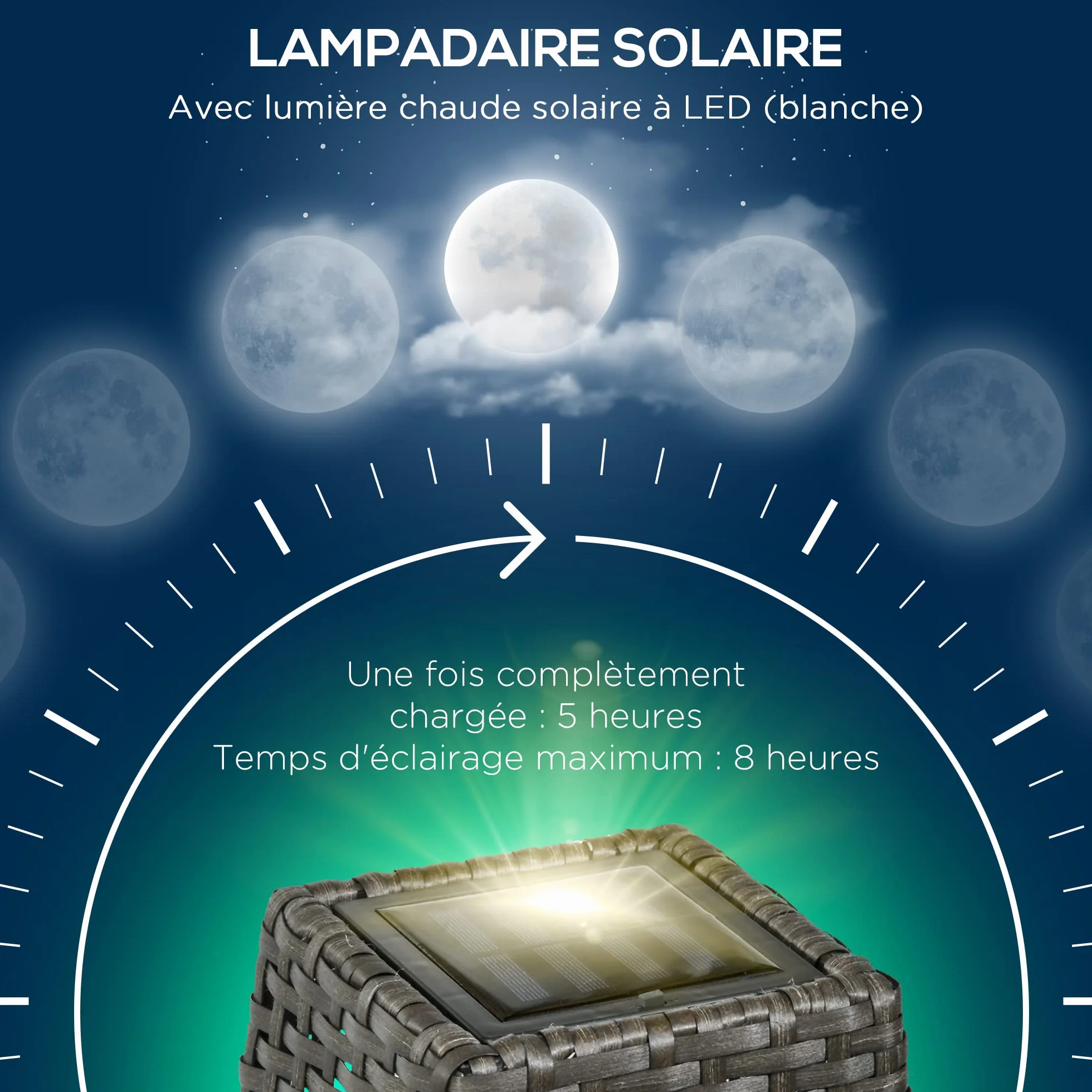 Outsunny Lampe à Poser Luminaire LED de Jardin Solaire en Résine Tressée Imitation Rotin 21 x 21 x 78 cm Gris