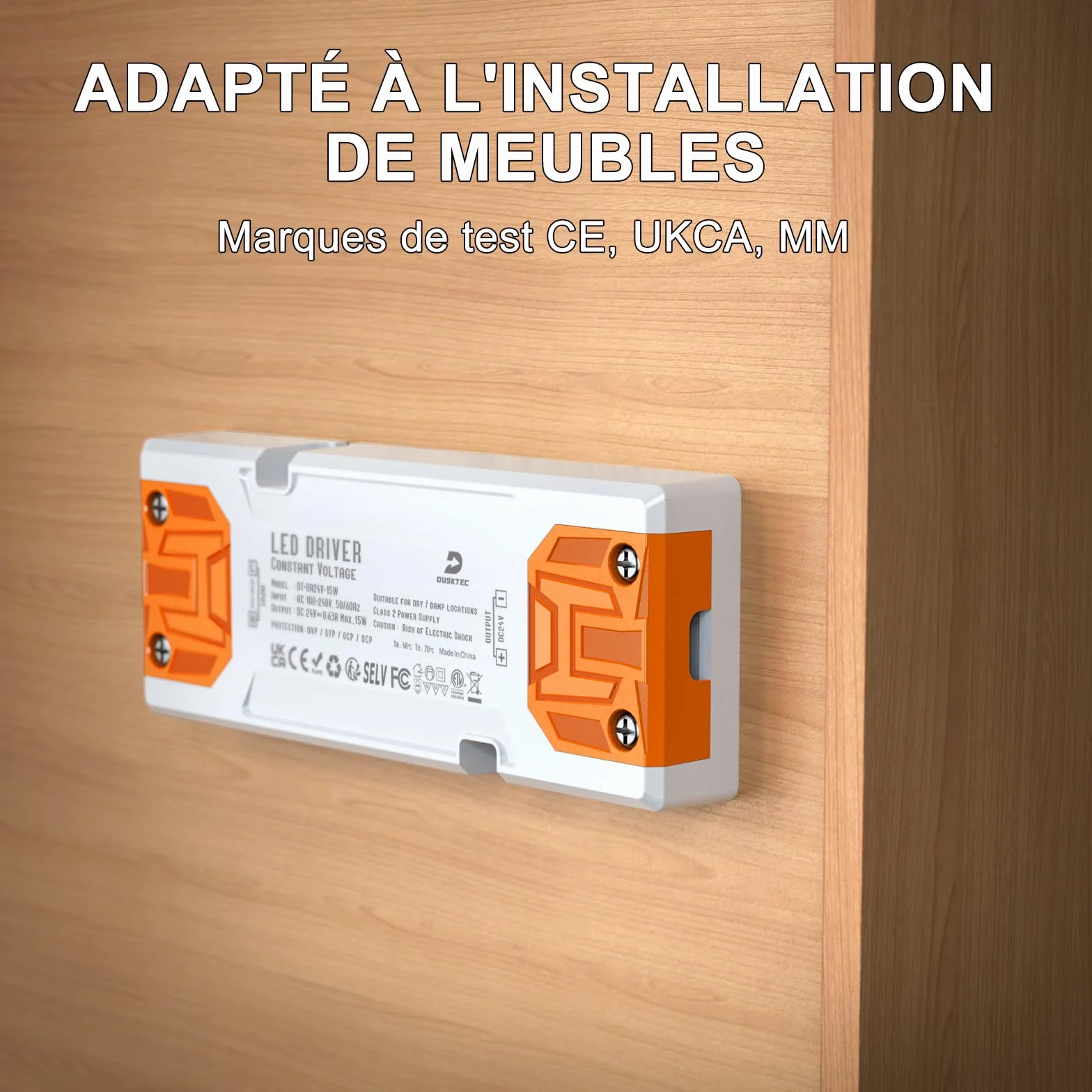 DUSKTEC Transformateur 220V à 24V Alimentation LED 15W Plat AC-DC IP44