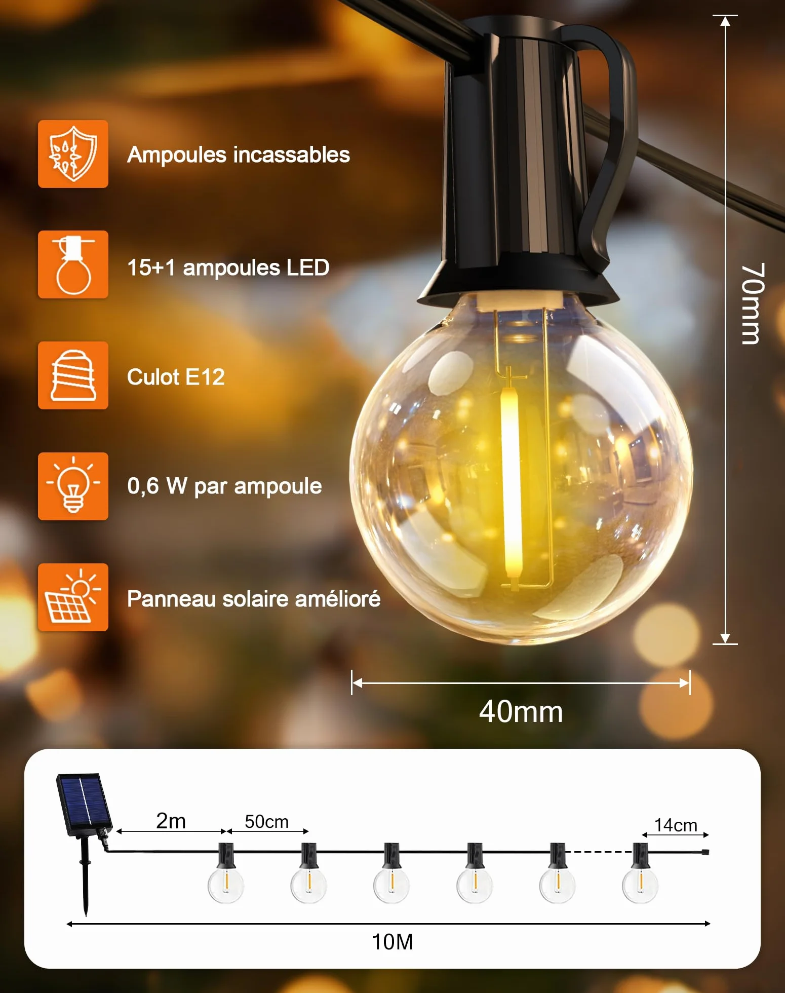Guirlande Lumineuse Exterieure Solaire LED 10M 15+1 G40 Ampoules 8 Modes IP44 Télécommande