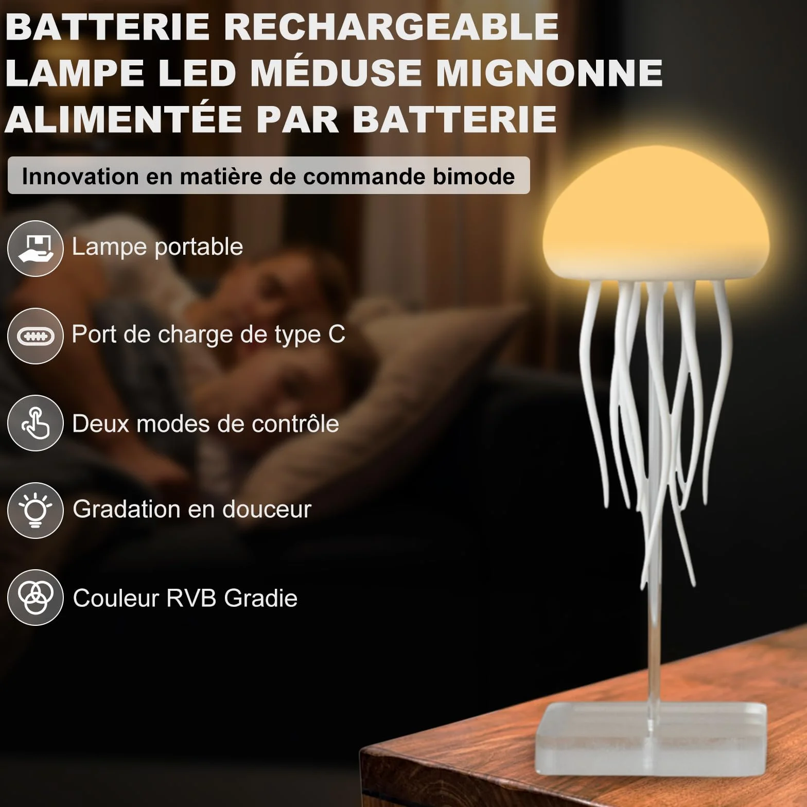 Lampe de chevet déformable méduse RVB charge USB-C commande vocale veilleuse tentacules flexibles