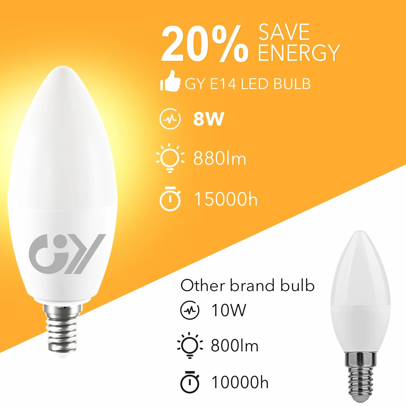 GY Ampoule LED E14 8W 880 lumens 3000K Blanc Chaud C37 Non-Dimmable Lot de 12