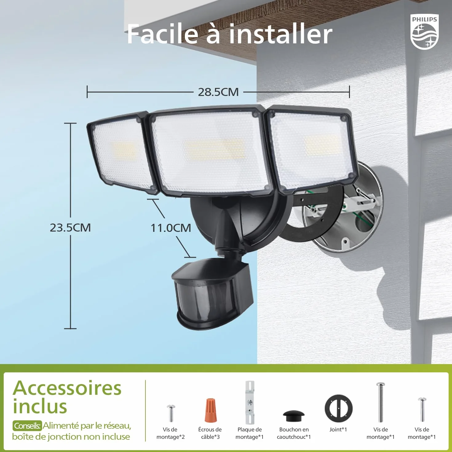Philips Sécurité Lampe LED 24W 3500LM Détecteur de Mouvement PIR Extérieur 5000K 3 Têtes Orientables Étanche