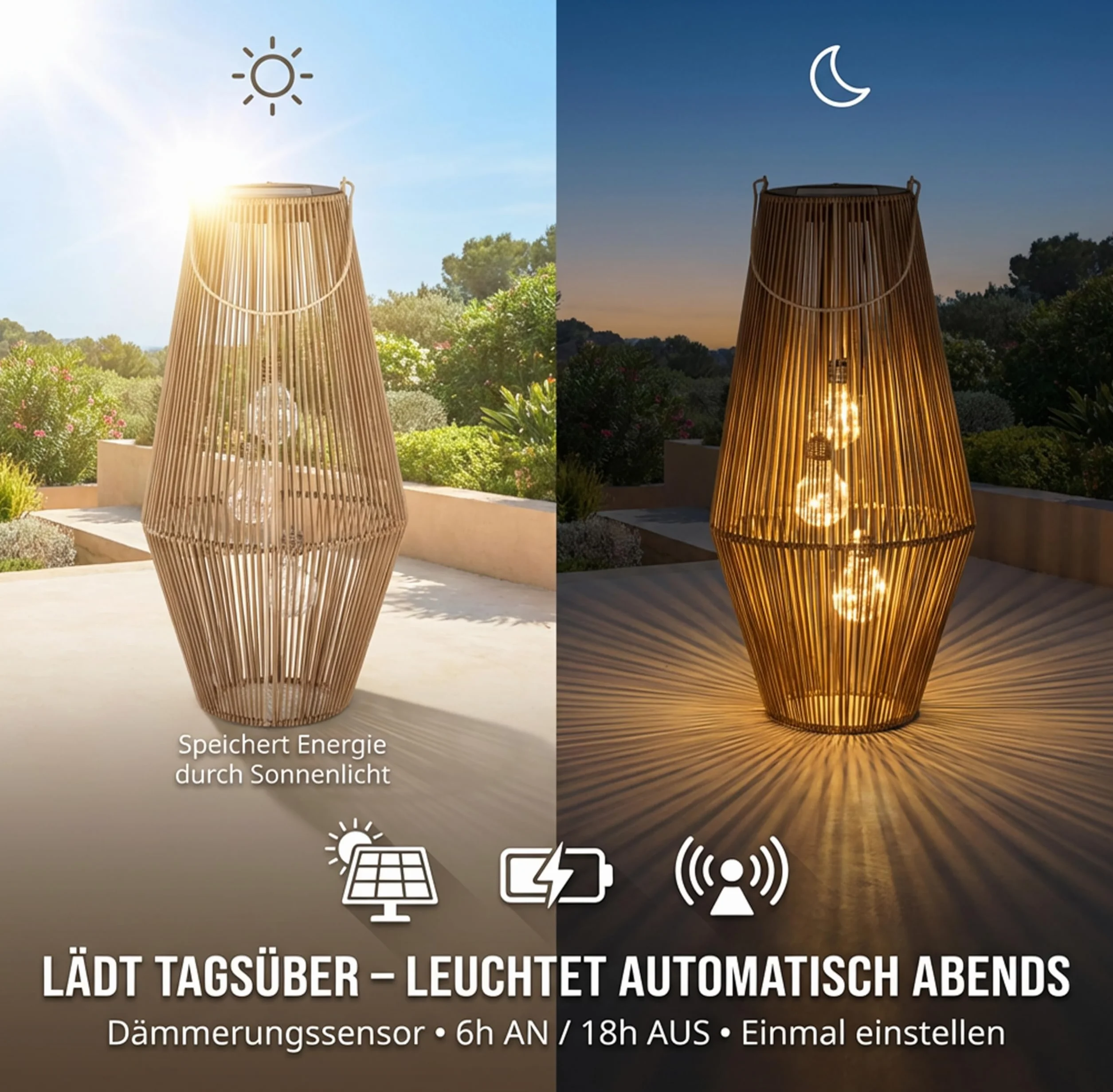 Formano Lanterne solaire d'extérieur 45 cm IP44 avec 3 LED Aspect rotin Capteur crépusculaire
