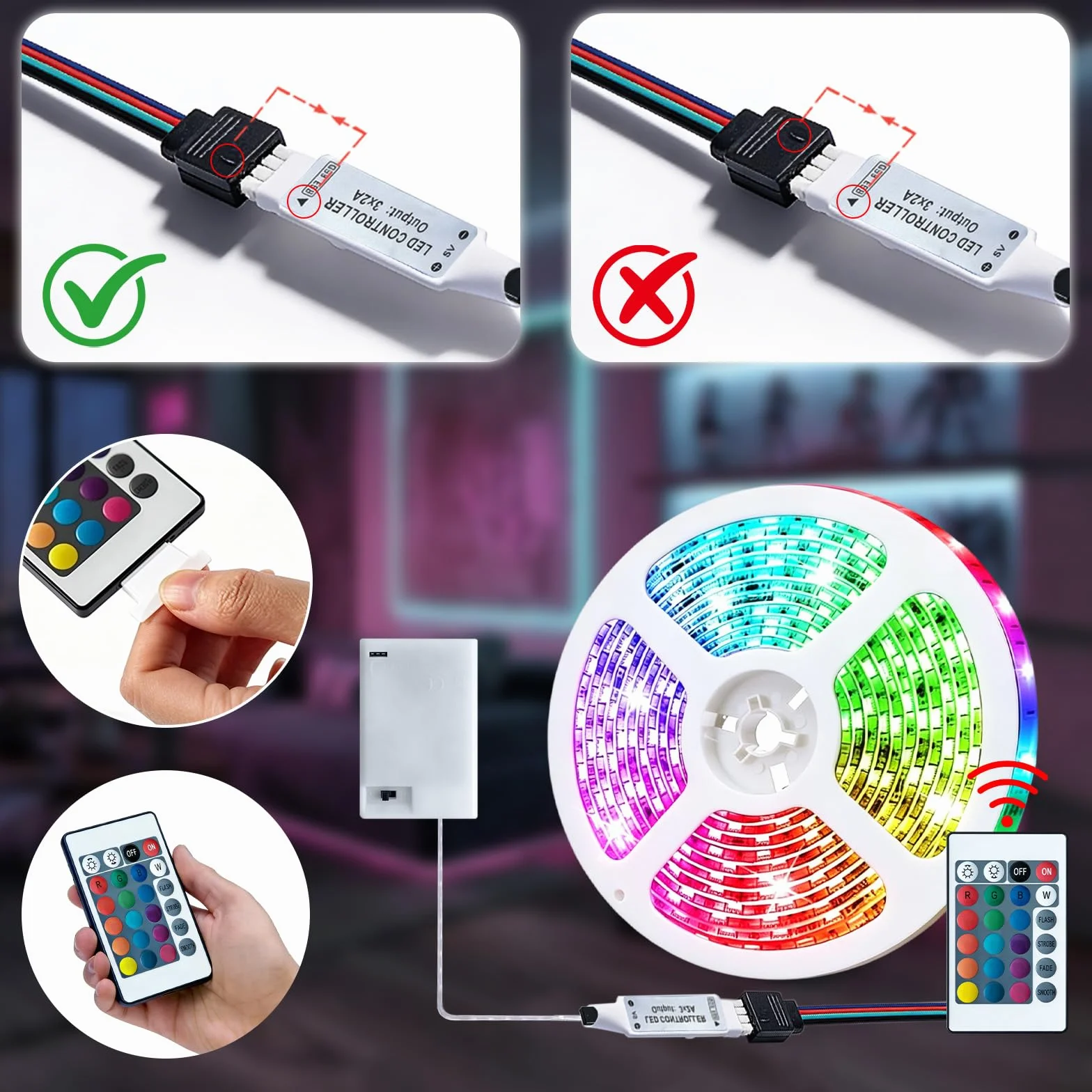 Bande LED à Piles 2M Ruban Lumineux Auto Adhésif Télécommande 24 Touches Dimmable