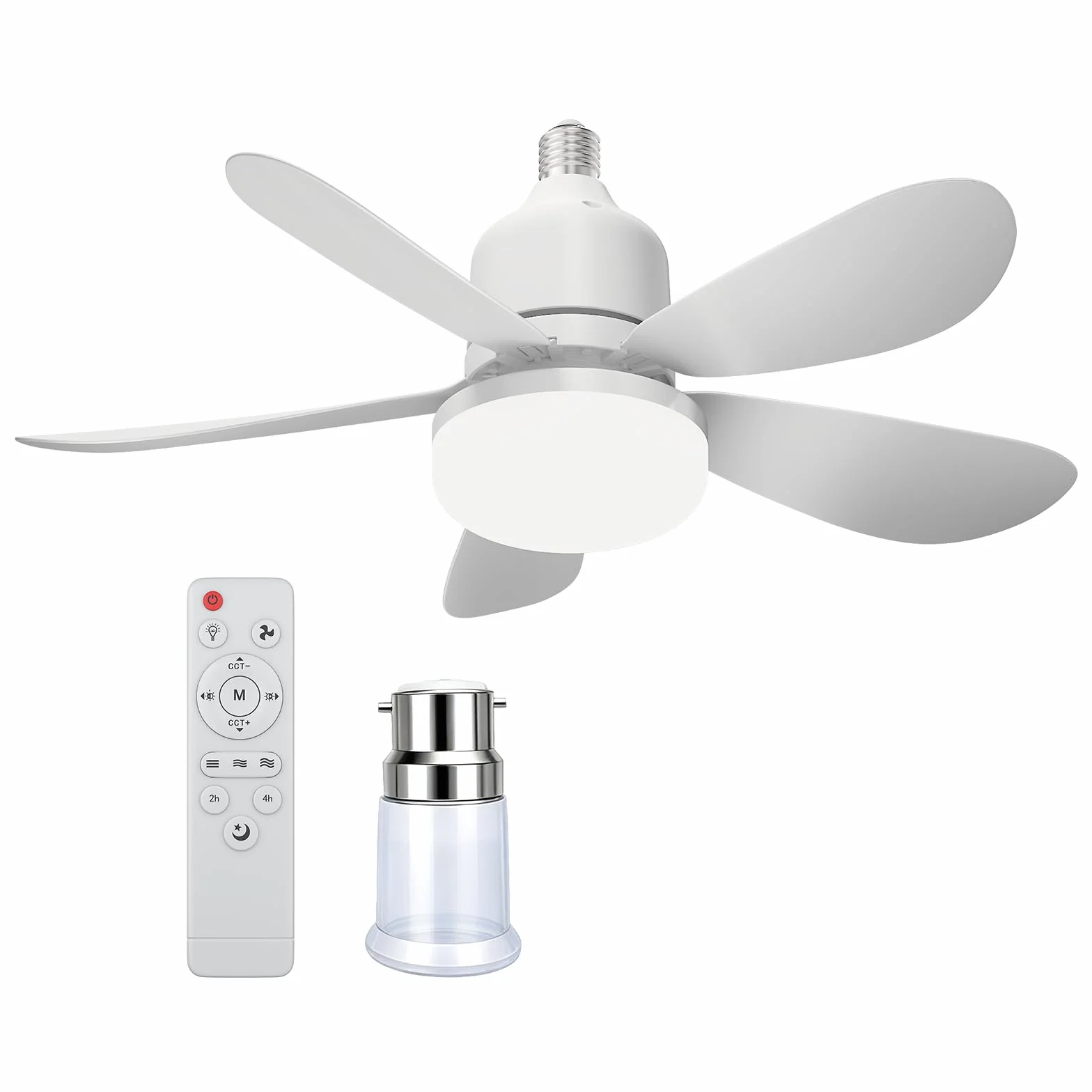 Ventilateur de Plafond 52CM avec Lumière LED E27 et Télécommande, 3 Vitesses 3 Couleurs, Silencieux pour Salon Chambre (Blanc + B22)