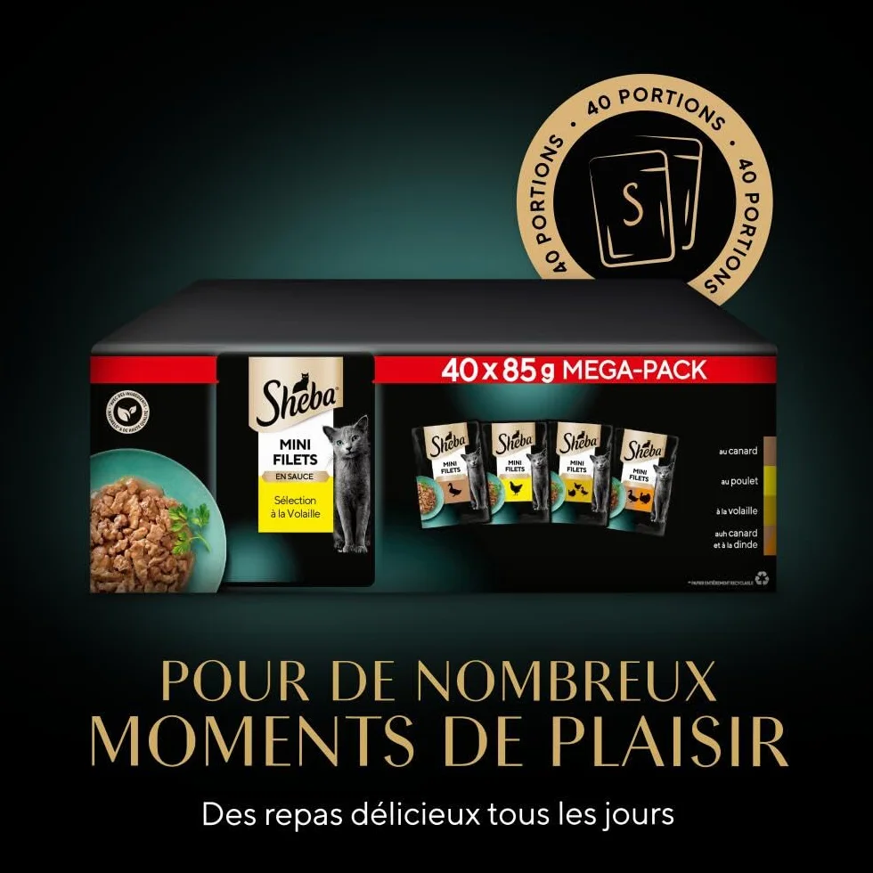 SHEBA Mini Filets Sachets Fraîcheur en Sauce Sélection à la Volaille pour Chat Adulte 40x85g