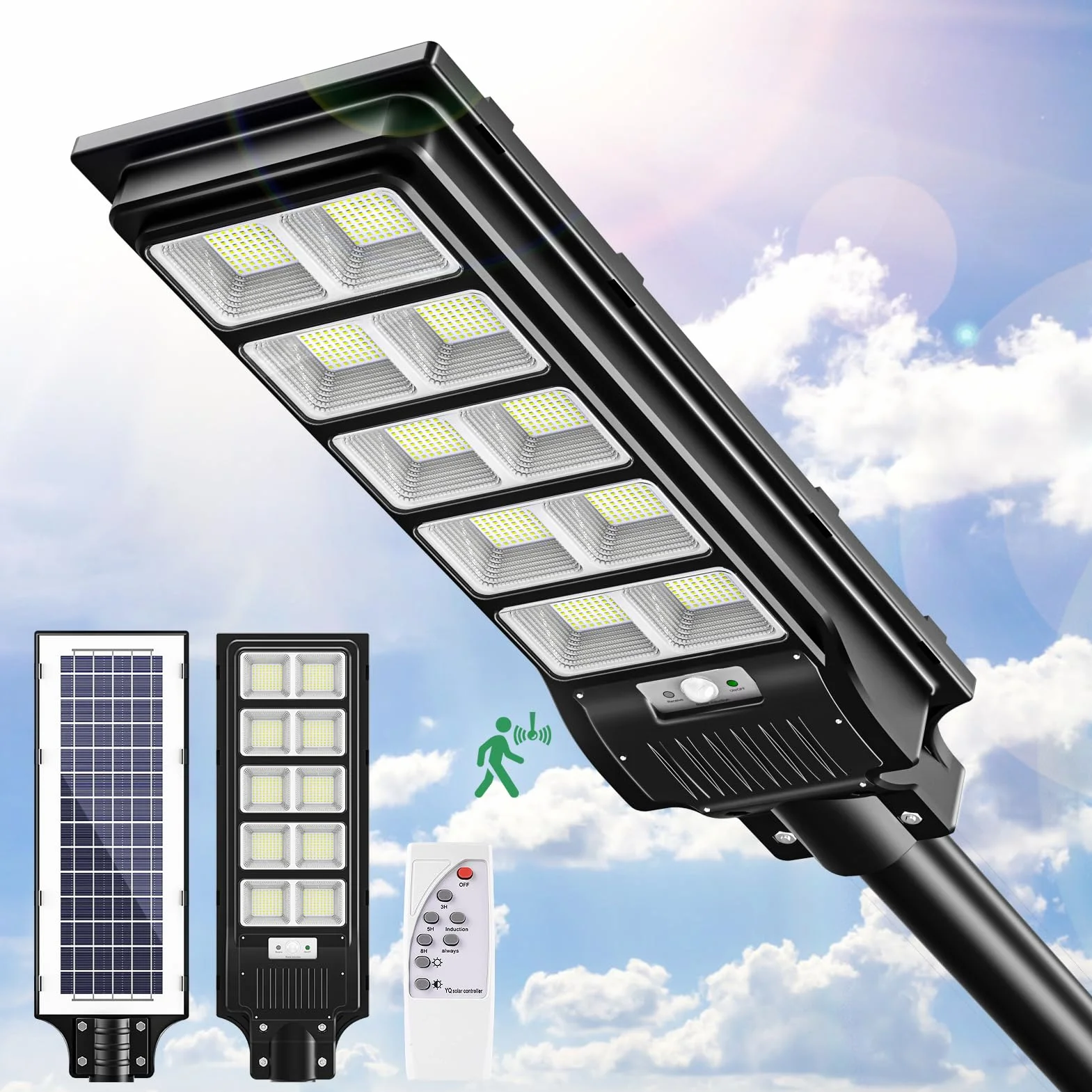 Papasbox Lampadaire Solaire Exterieur LED 500W avec Télécommande Détecteur de Mouvement 6500K