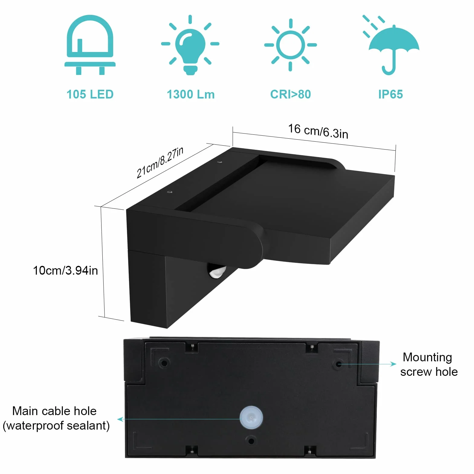 Applique Extérieure LED 24W avec Détecteur de Mouvement IP65 Noir Blanc Froid 5700K-6000K