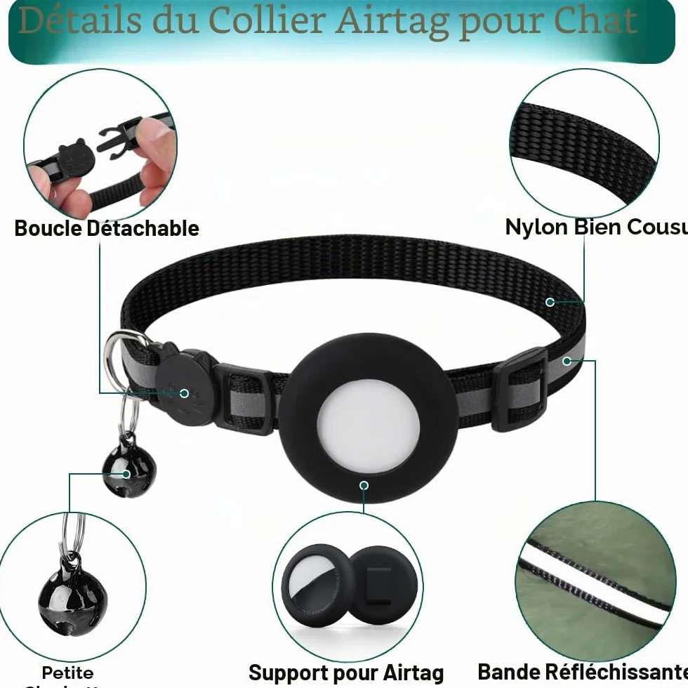 Collier Chat Airtag Anti-étranglement avec Protecteur et Cloche, Large 1 cm, Léger, Noir