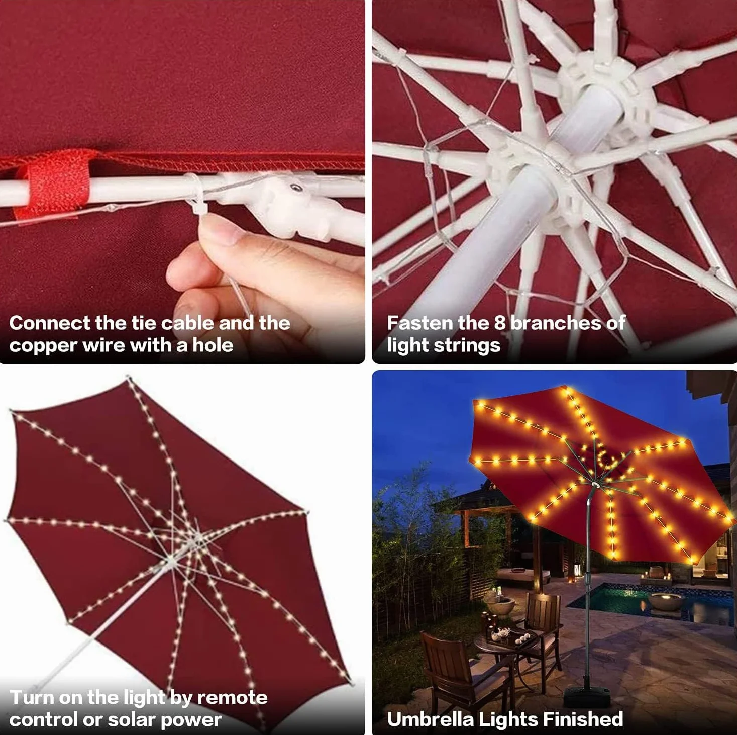 KINGCOO Éclairage à DEL pour parasol de terrasse, solaire étanche 104, 8 modes avec télécommande