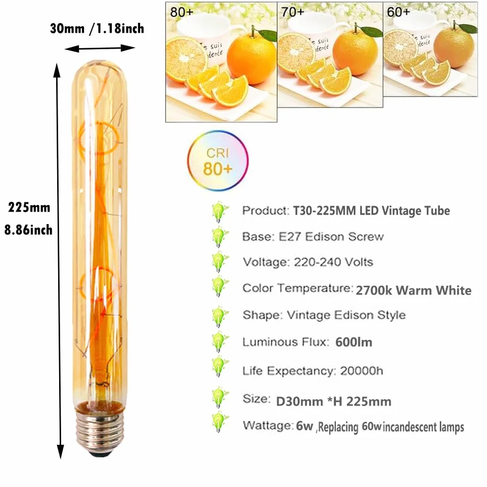 Ampoules Vintage Tubes Edison E27 6W LED T30 H225mm Blanc Chaud 2700K Verre Ambré Non Dimmable AC 220-240V