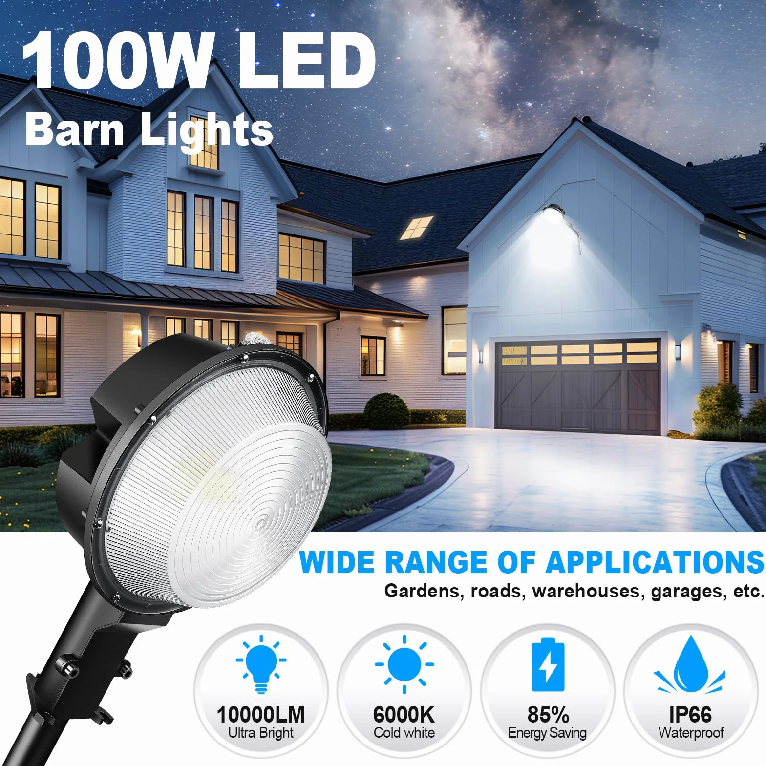 RIGIDON LED Réverbères Lampe Exterieur 100W 10000LM IP66 étanche Projecteur LED