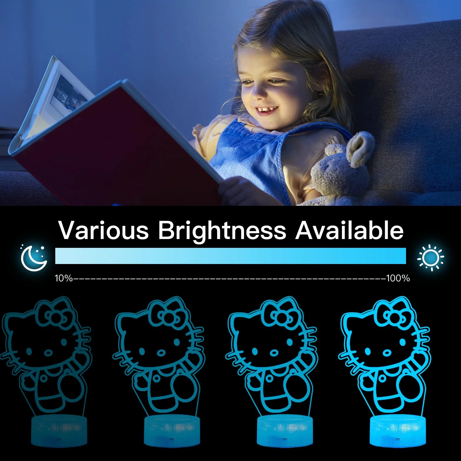 Kitty Veilleuse 3D LED Enfants USB Smart Remote Control 16 Couleurs Lampe Chevet