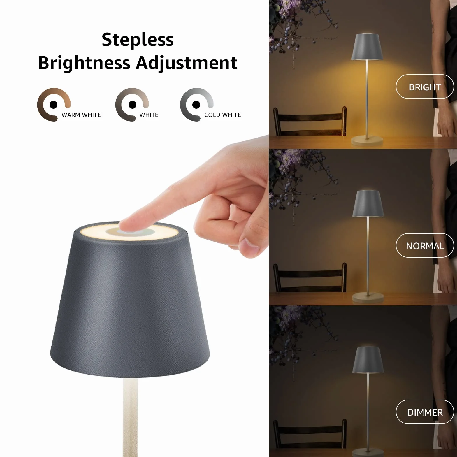 FUYO Lampe de Table LED Sans Fil Rechargeable IP54 3000-6000K Gris
