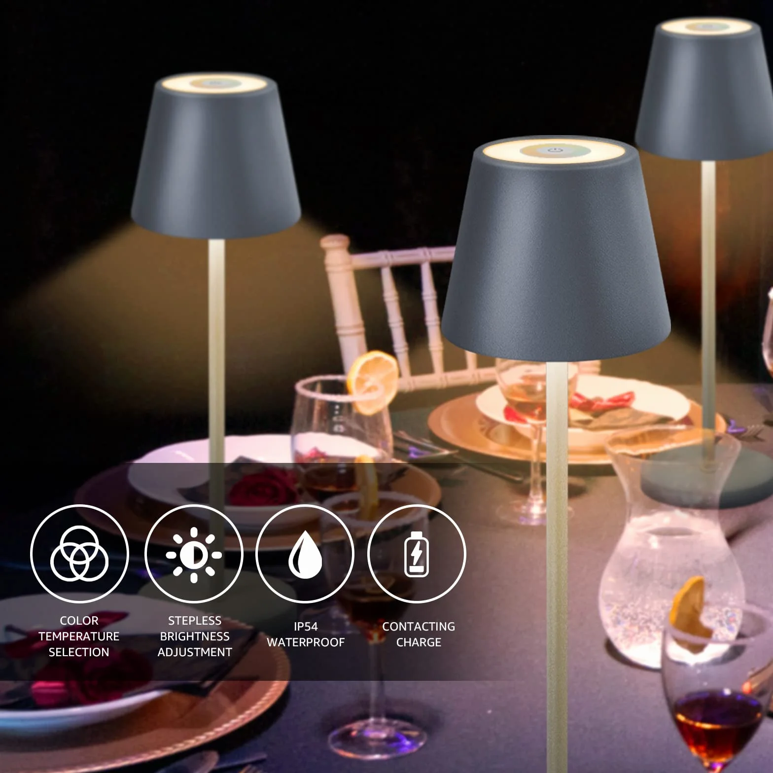 FUYO Lampe de Table LED Sans Fil Rechargeable IP54 3000-6000K Gris