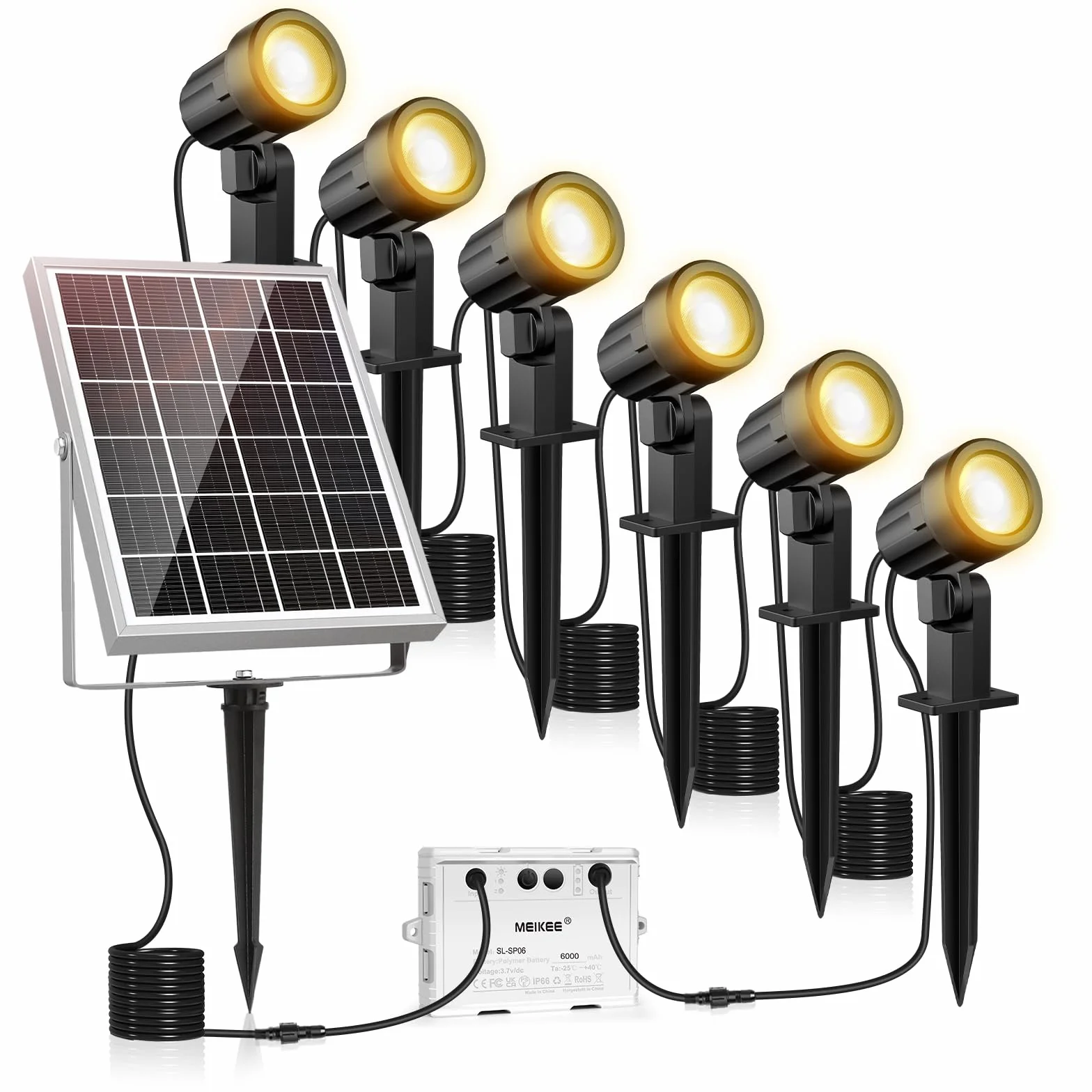 MEIKEE Lampe Solaire Exterieur IP66 3000K 6V 6W 6000mAh 3 Modes Eclairage Jardin