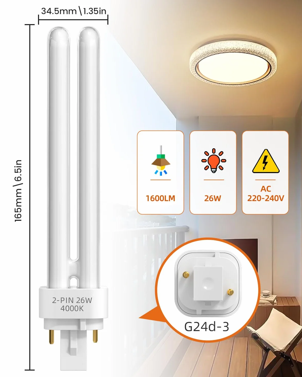 Ampoule Tube PLC G24d-3 2 Broches 26W 4000K Blanc Naturel Lampe Fluorescente 840 non Gradable 1 Pièce