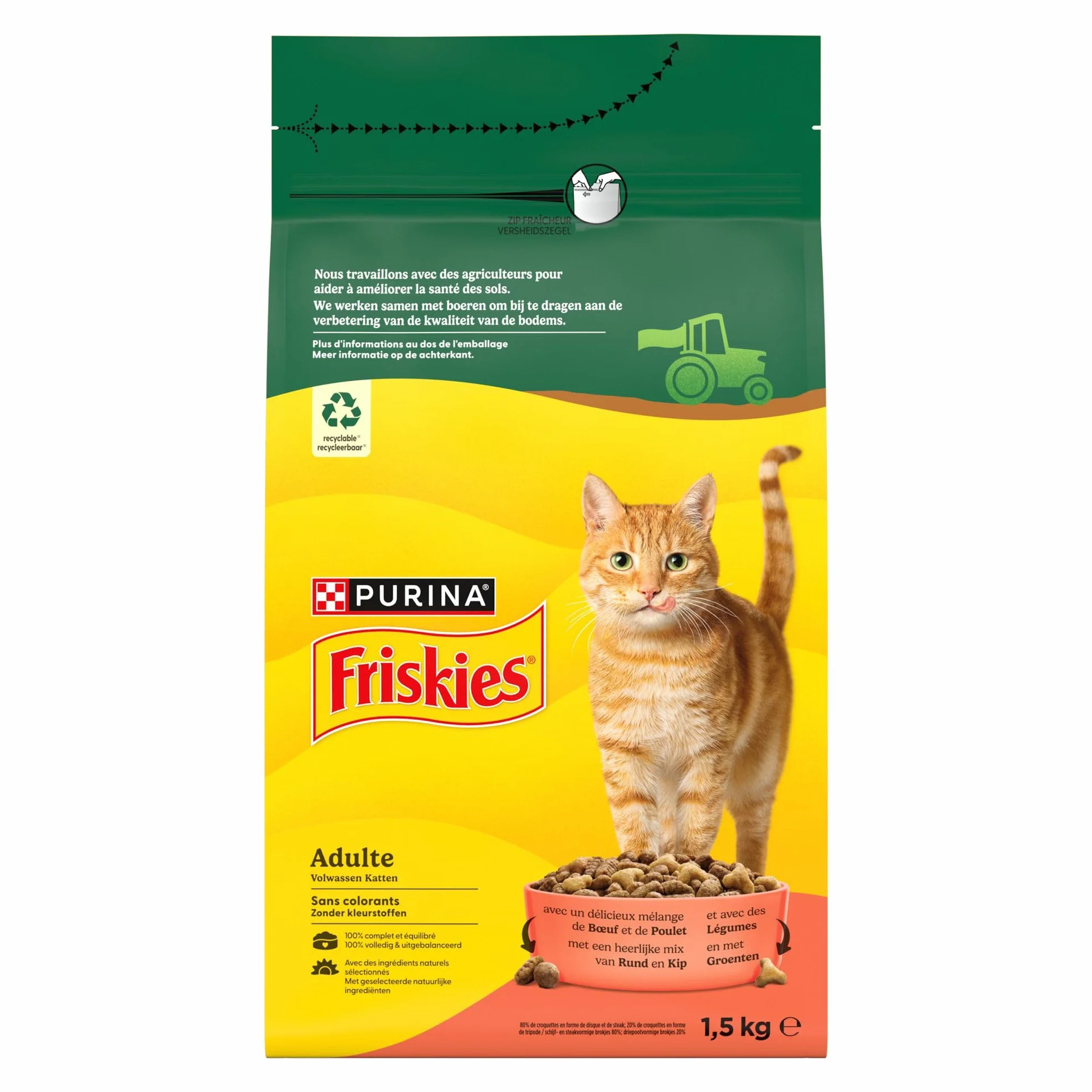 FRISKIES Chat Croquettes complètes pour Chats Adultes au Boeuf Poulet Légumes 1,5 KG