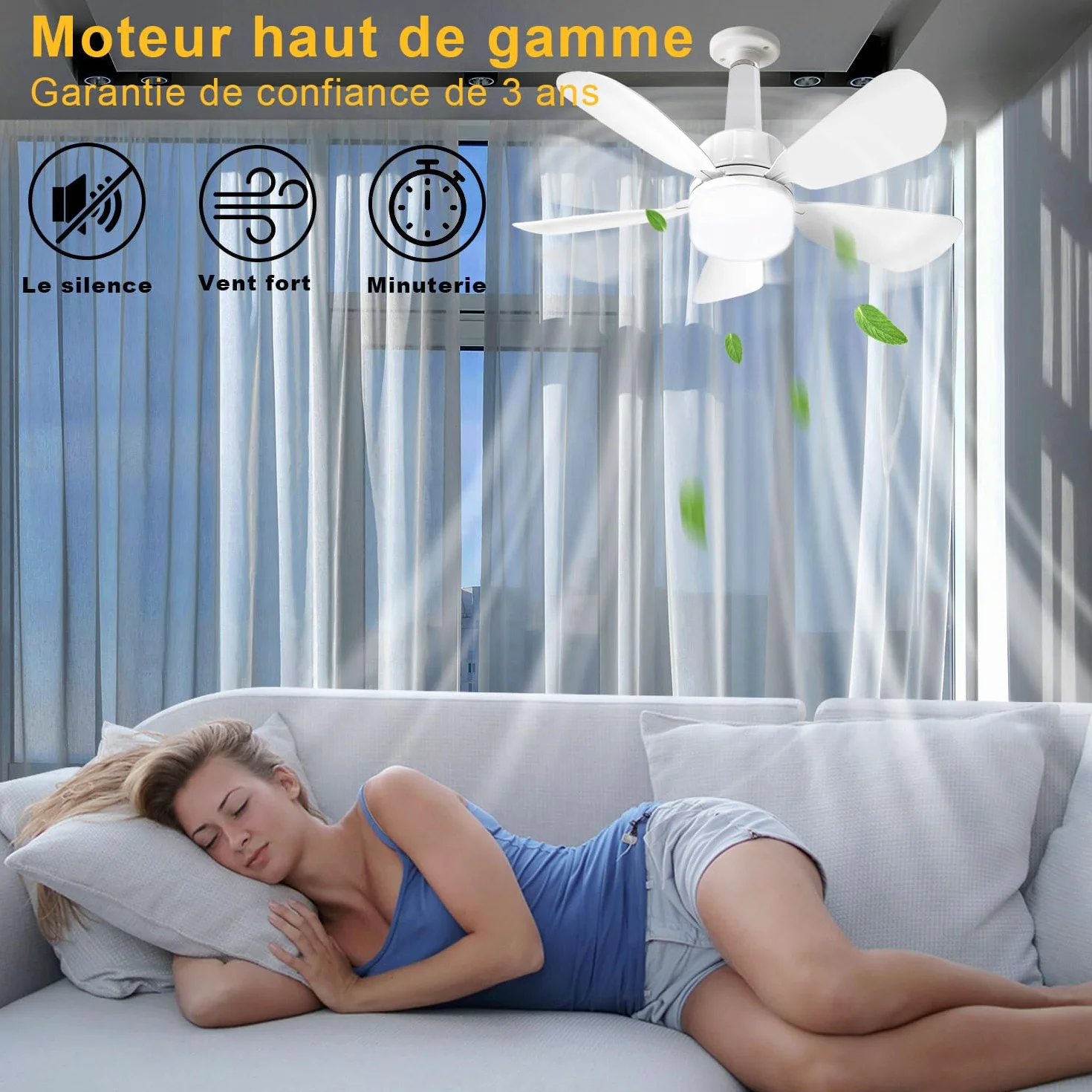 Ventilateur à Douille avec E27 Base LED Plafond Lumière Télécommande 50CM Salle de Bain Cuisine Chambre Garage