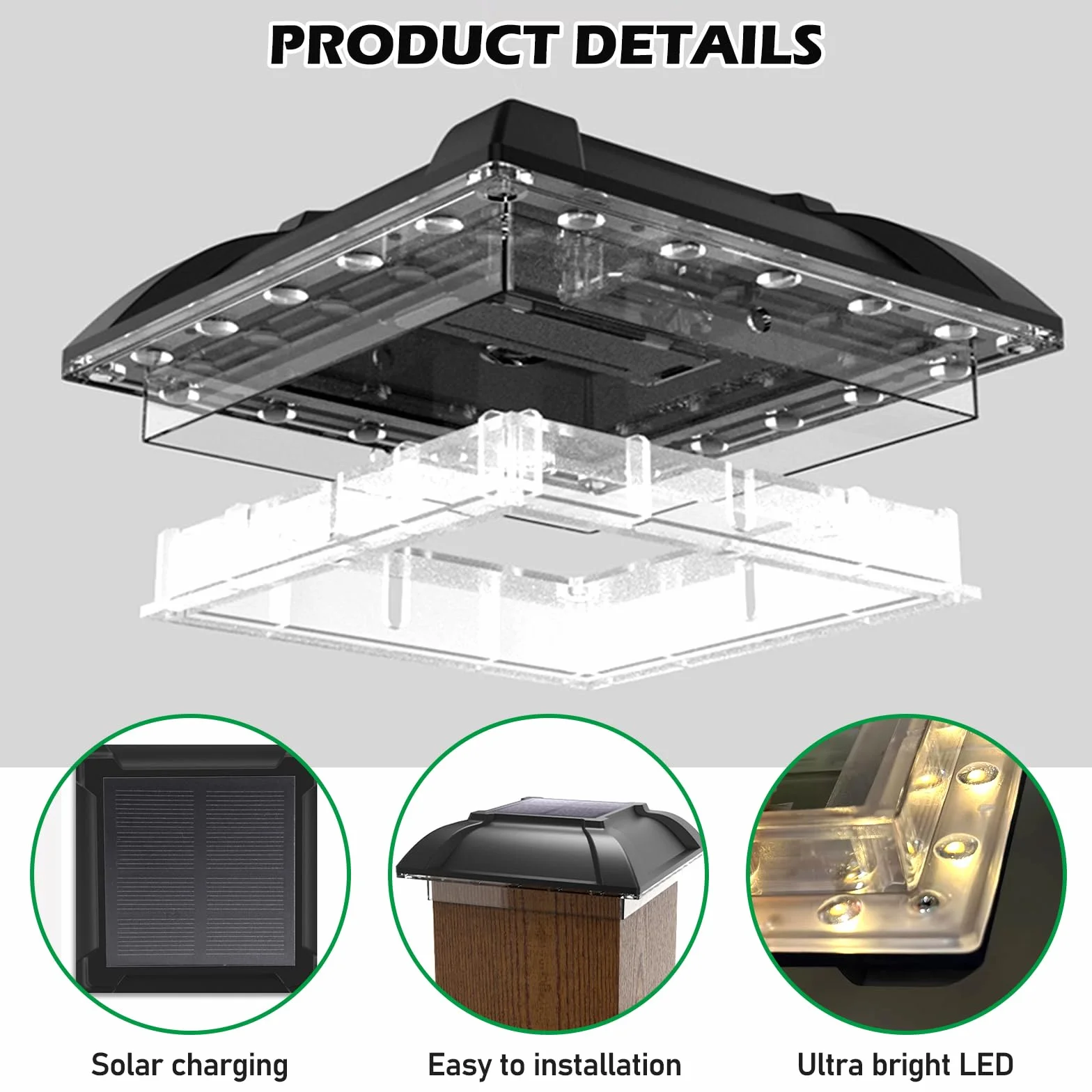 Lot de 4 Capuchon de Poteau Solaire, 13 x 13 x 4,4 cm, Lampes Solaires Sur Poteau pour Clôture Jardin