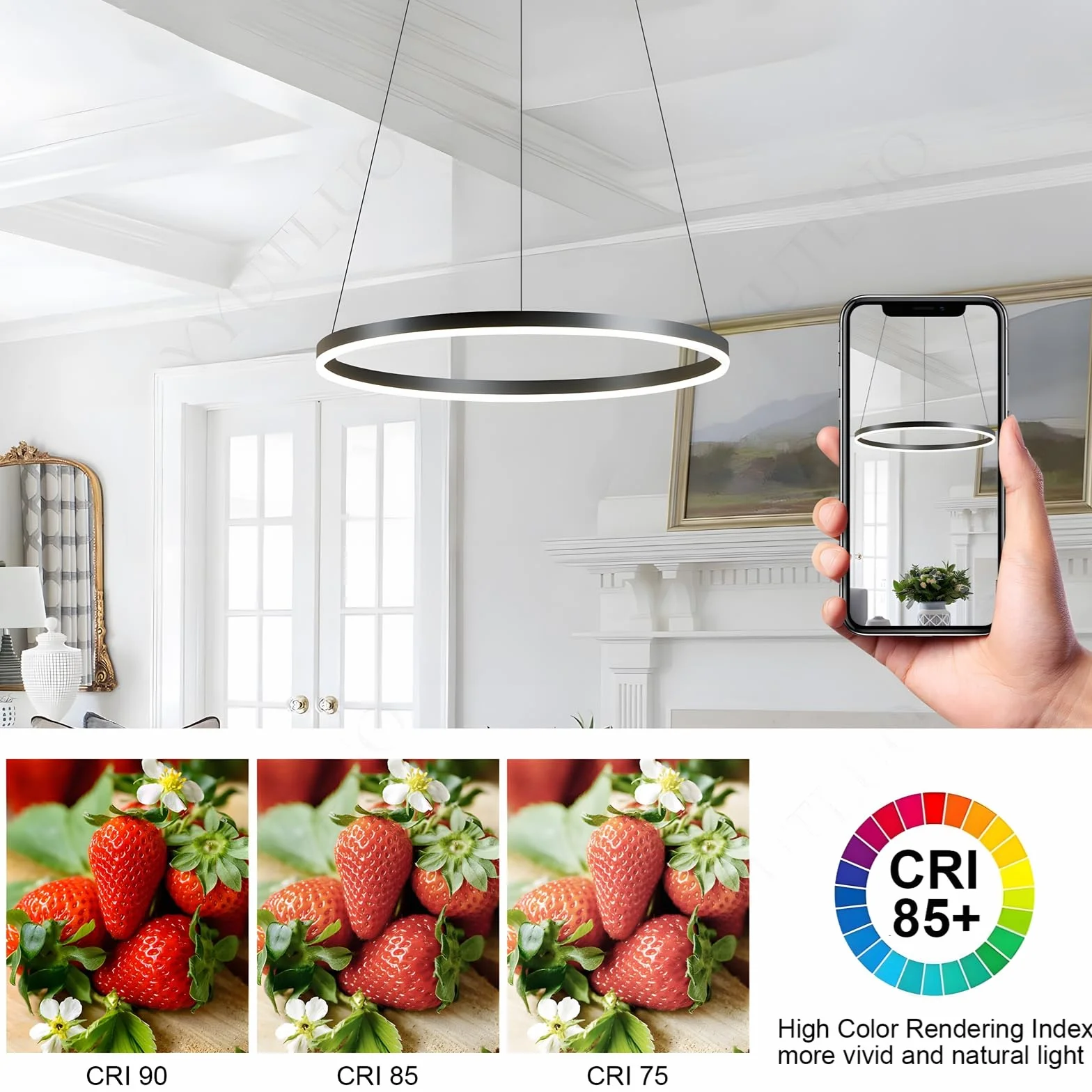 Lustre LED Moderne DIY Cercle | 1 Noire Anneaux :60cm=29W| Éclairage Suspendu LED Métal+Acrylique Télécommande Intensité Variable 2,13G Lampe Suspendue Plafond Ronde Salon Chambre Coucher