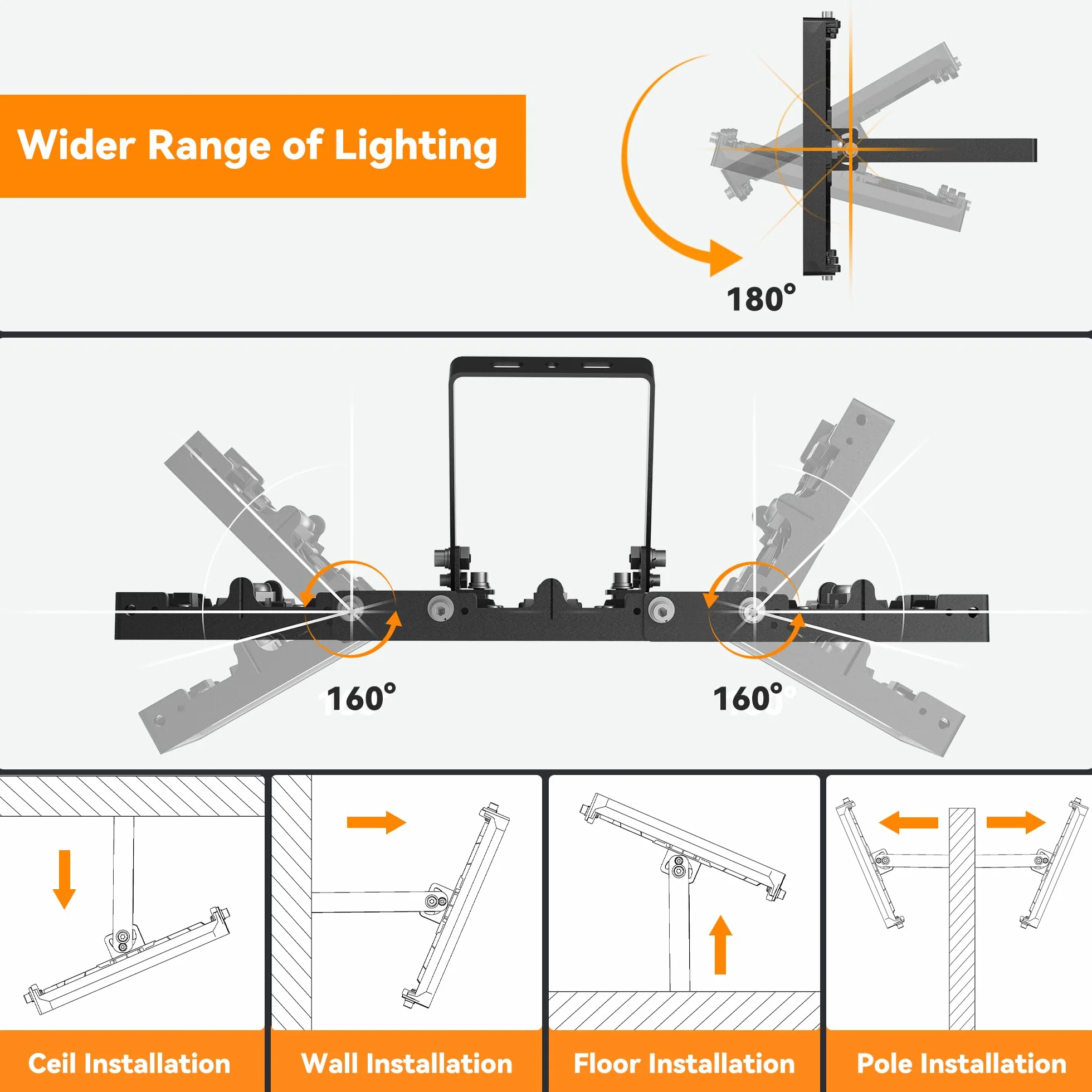 Projecteur LED extérieur 300W 30000LM 6000K IP66 imperméable, éclairage de sécurité réglable 3 têtes Noir 2 Pack