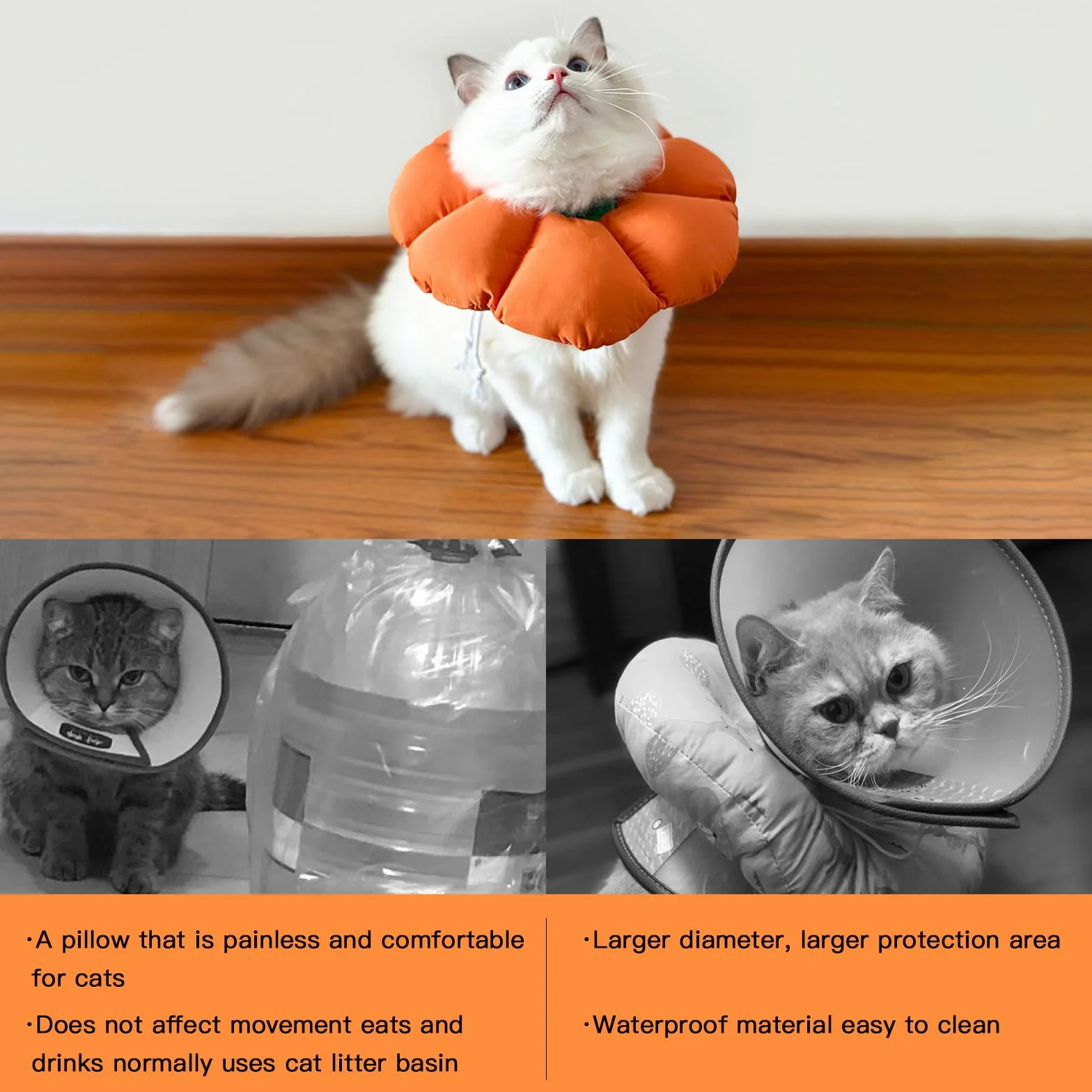 Collier Anti Léchage pour Chat, Imperméable et Ajustable, Style Fleur Violette, Orange M