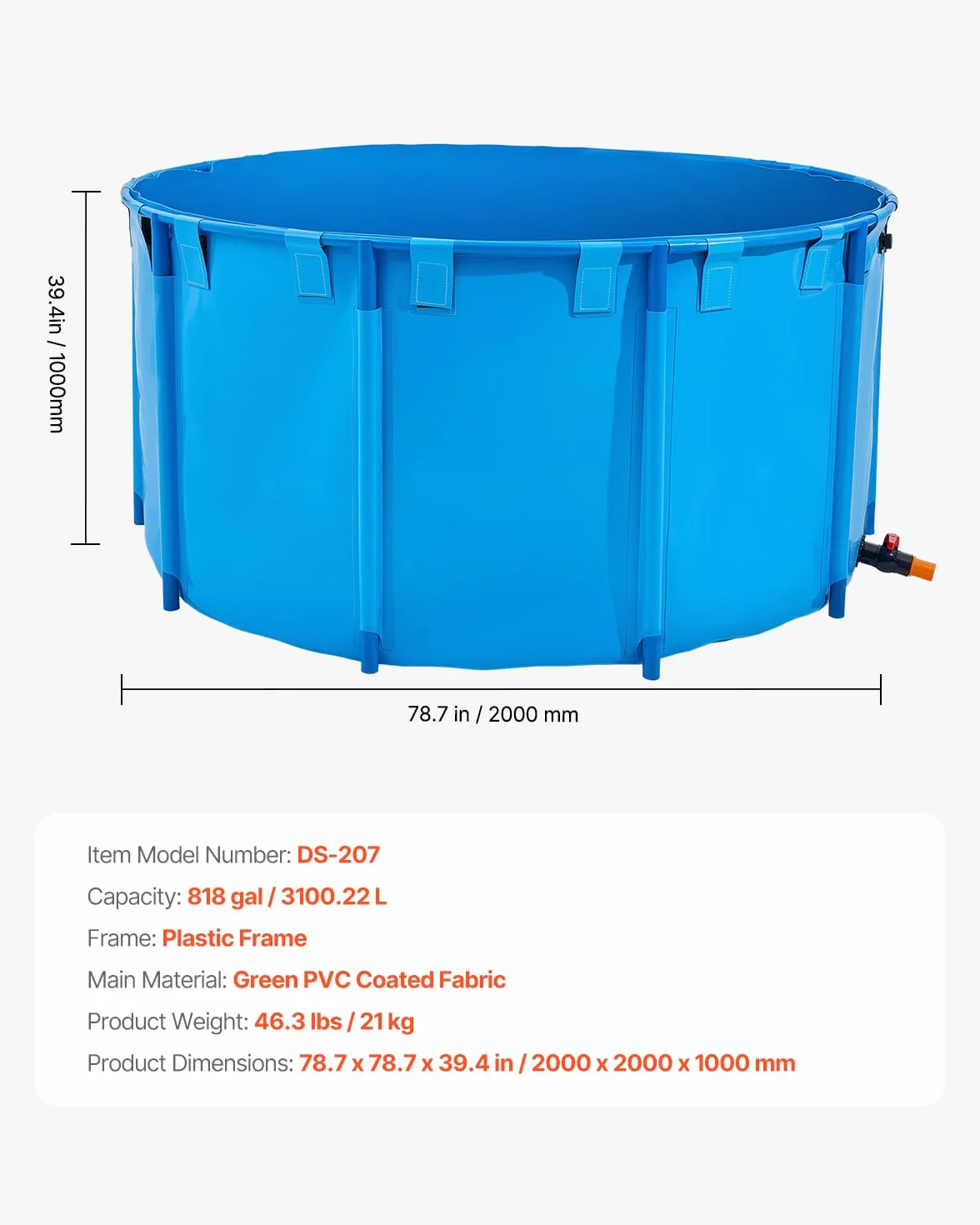 VEVOR Bassin à Poissons Hors Sol 3100 L, Étang en Toile PVC avec Cadre Plastique et Vanne de Vidange, Bleu