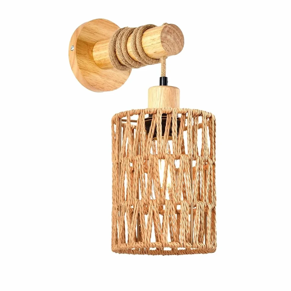 Lampe Murale en Rotin Tressé, Design Corde Cylindrique, Éclairage Décoratif Chambre, 1 Pièce