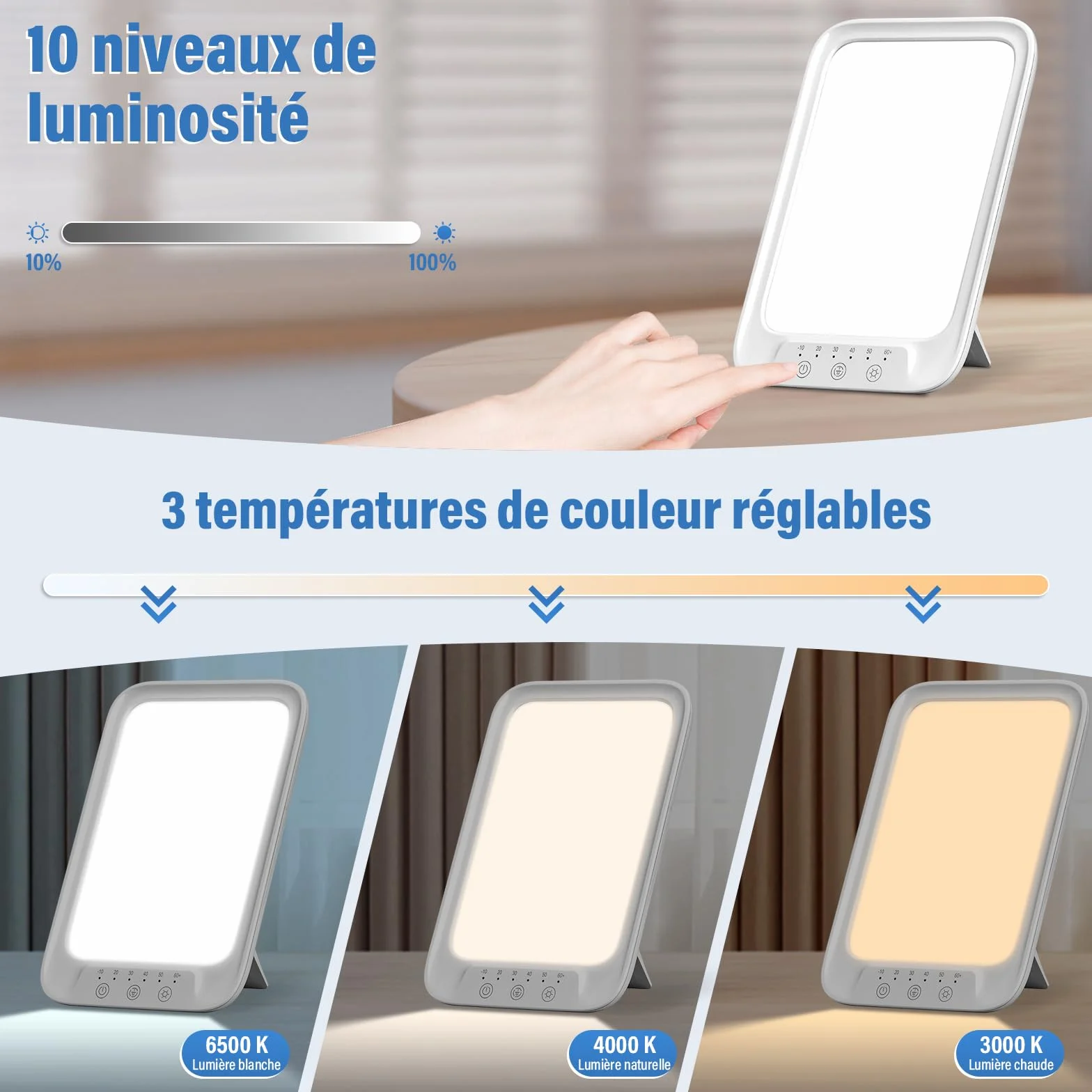 Lampe de luminothérapie 20000 Lux, 3 températures de couleur, 10 niveaux de luminosité, 6 minuterie, Mémoire