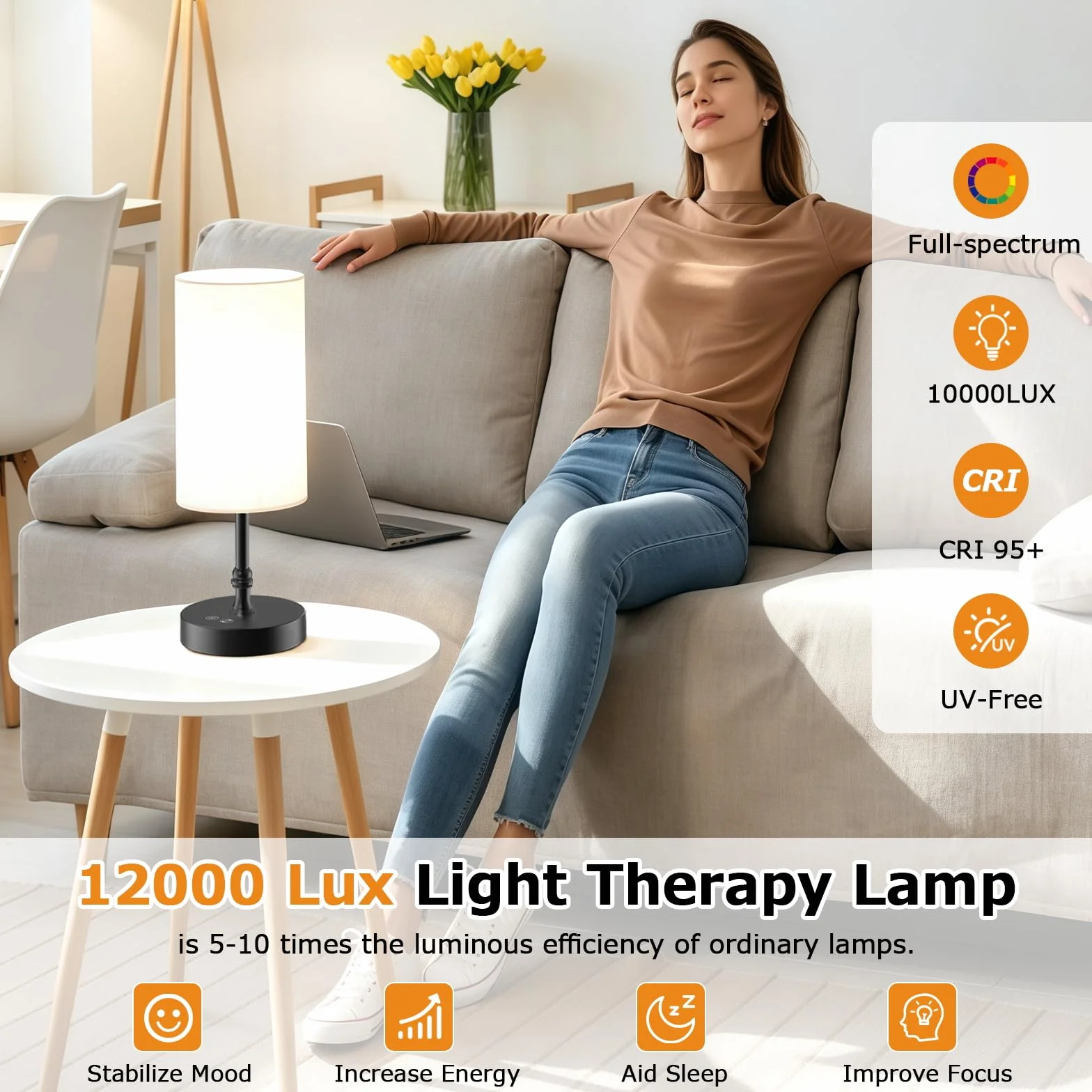 Lampe luminothérapie 12000 Lux avec télécommande, CRI95 plein spectre, intensité variable, minuterie, mémoire, éclairage 360° sans UV - Noir