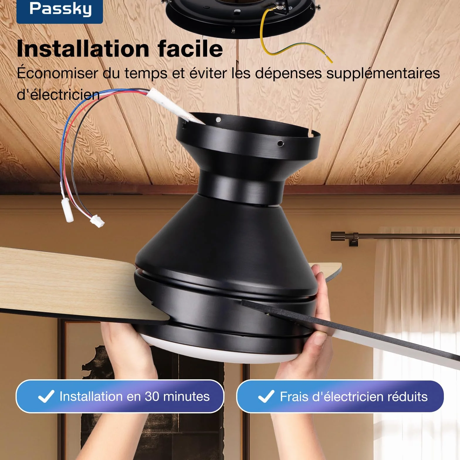 Passky Ventilateur de plafond silencieux 107cm avec lumière, télécommande, moteur CC réversible, 6 vitesses, minuterie