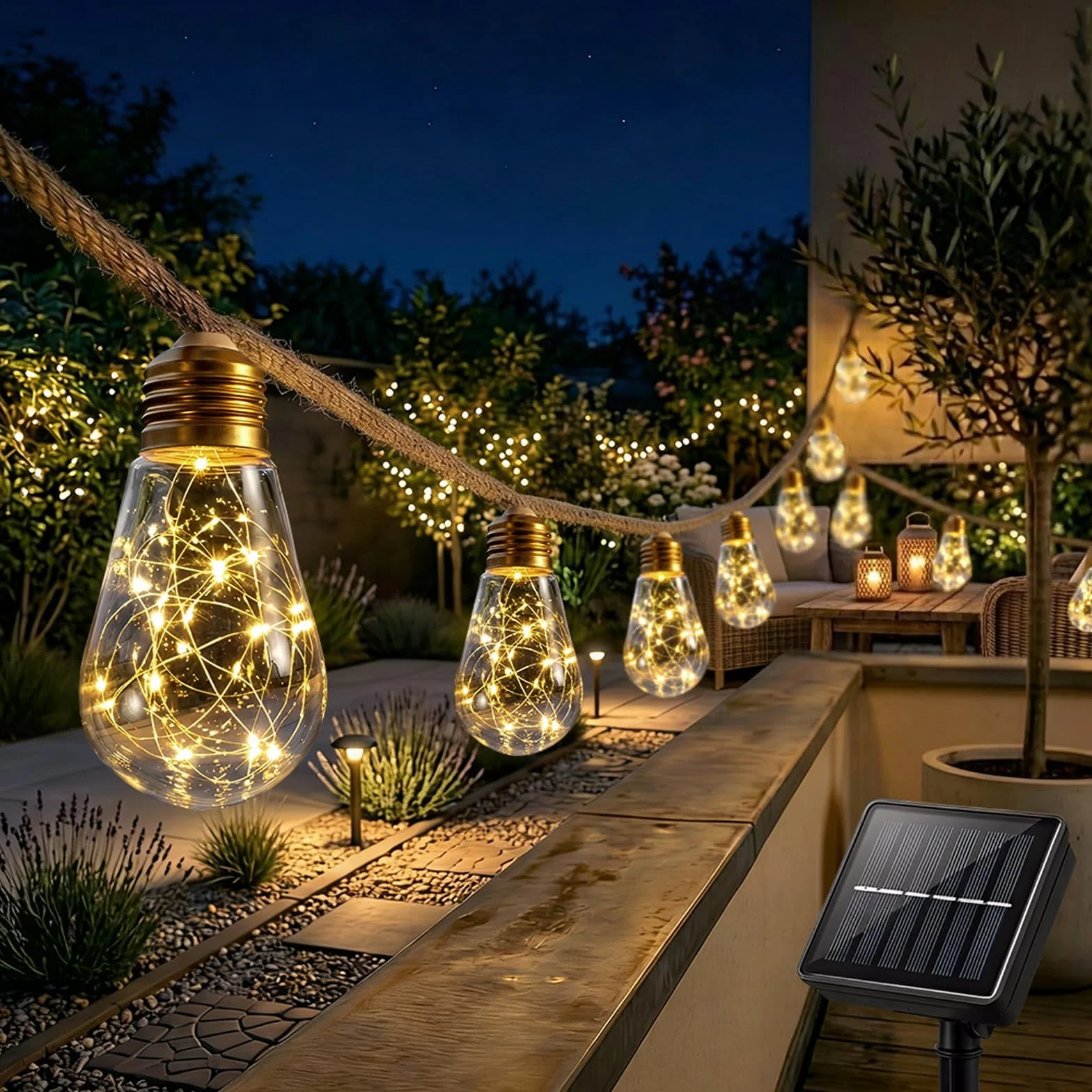 Guirlande Lumineuse Extérieure Solaire Guinguette 16 Ampoules 8M Étanche IP65 8 Modes d'Éclairage Blanc Chaud