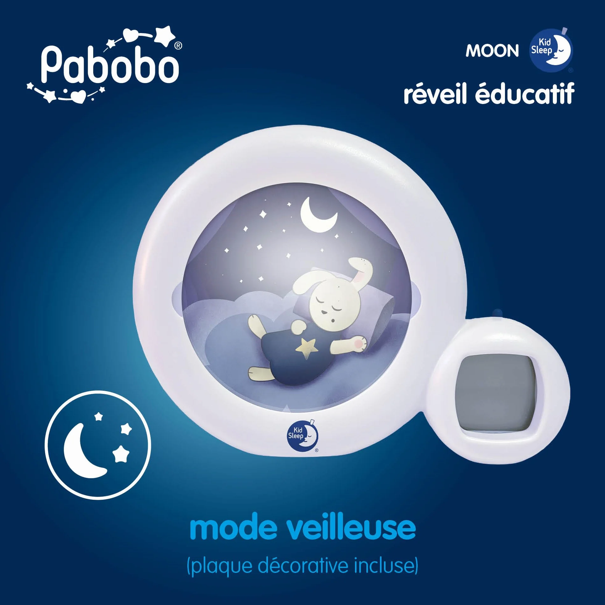 Pabobo x Kid Sleep Réveil Educatif Enfant Jour Nuit Musical Veilleuse Réveil Moon 3 en 1 Blanc