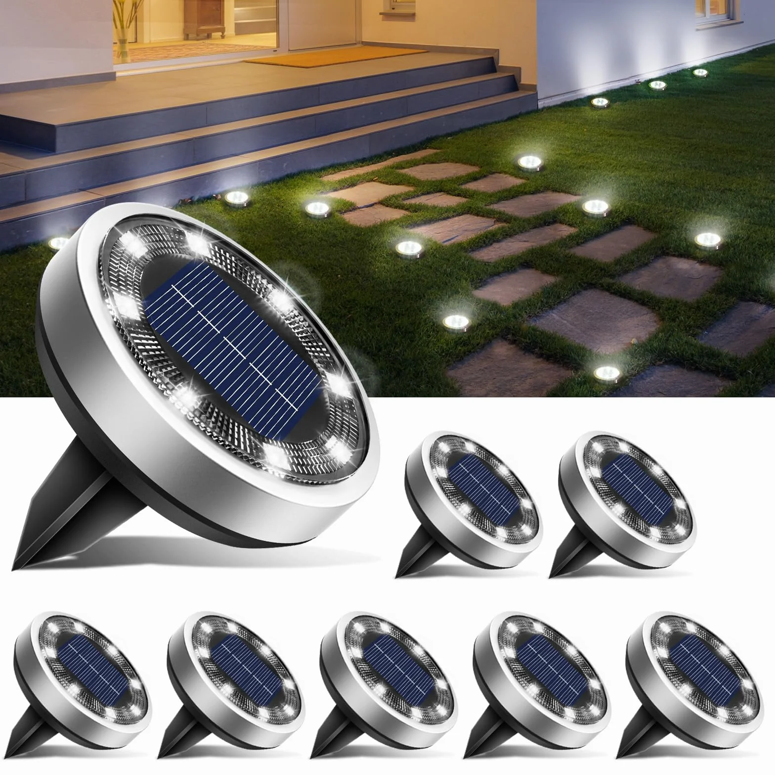 Lot de 8 Lampe Solaire Au Sol, 8 LED Jardin Exterieur Solaire Etanche, Spot Solaire Extérieur pour Chemins Pelouse Terrasse, Blanc Froid