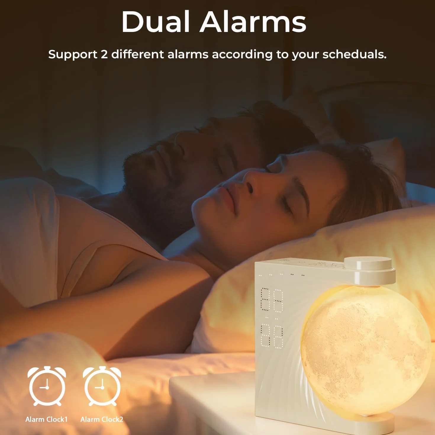 Lampe de Lune avec Réveil Lumineux LED 8 Couleurs, Machine Sonore, Double Alarme, Snooze, 10 Sons Nature
