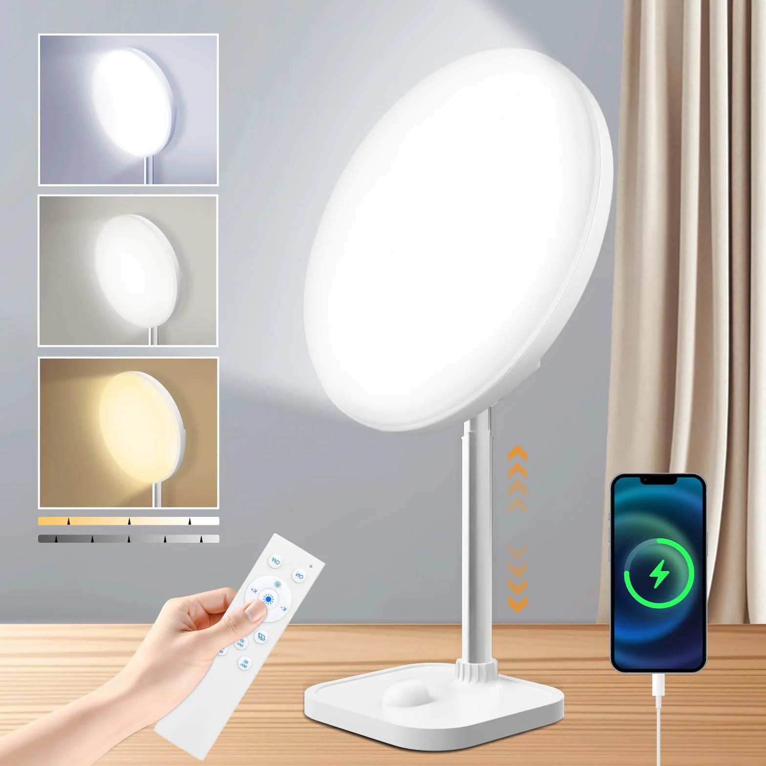 Lampe de luminothérapie 15000 Lux 3 températures de couleur 5 intensités réglables avec minuterie télécommande USB-A