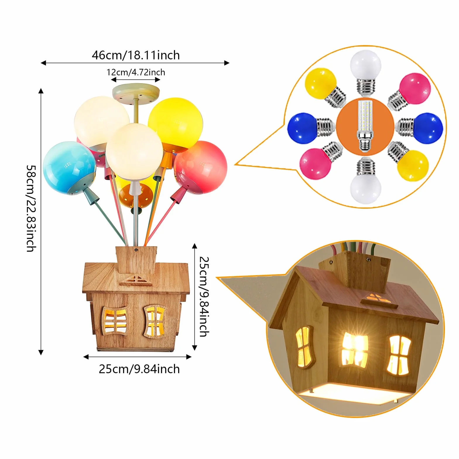 Lustre Moderne Plafonnier Enfant LED Bois Télécommande Ballon Verre Rond Chambre